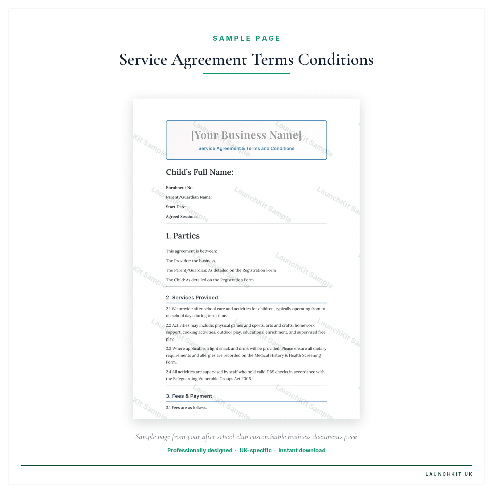Service Agreement & Terms and Conditions sample page from the After School Club Business Documents — Customisable pack — watermarked LaunchKit Sample