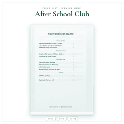 After School Club — Price List & Service Menu, PDF product preview