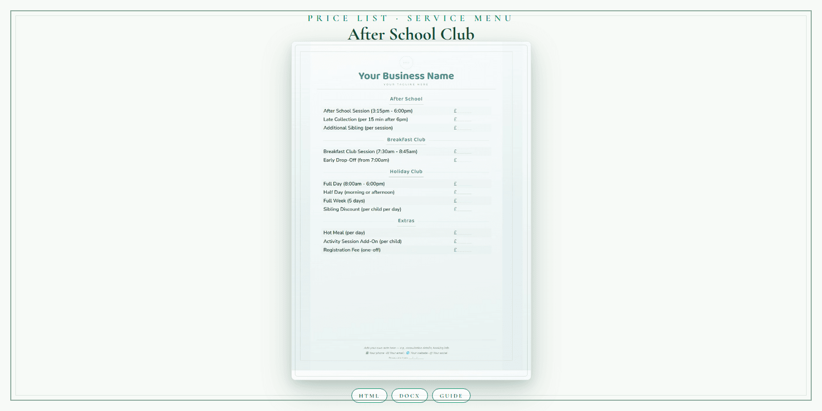 After School Club — Price List & Service Menu, PDF product overview