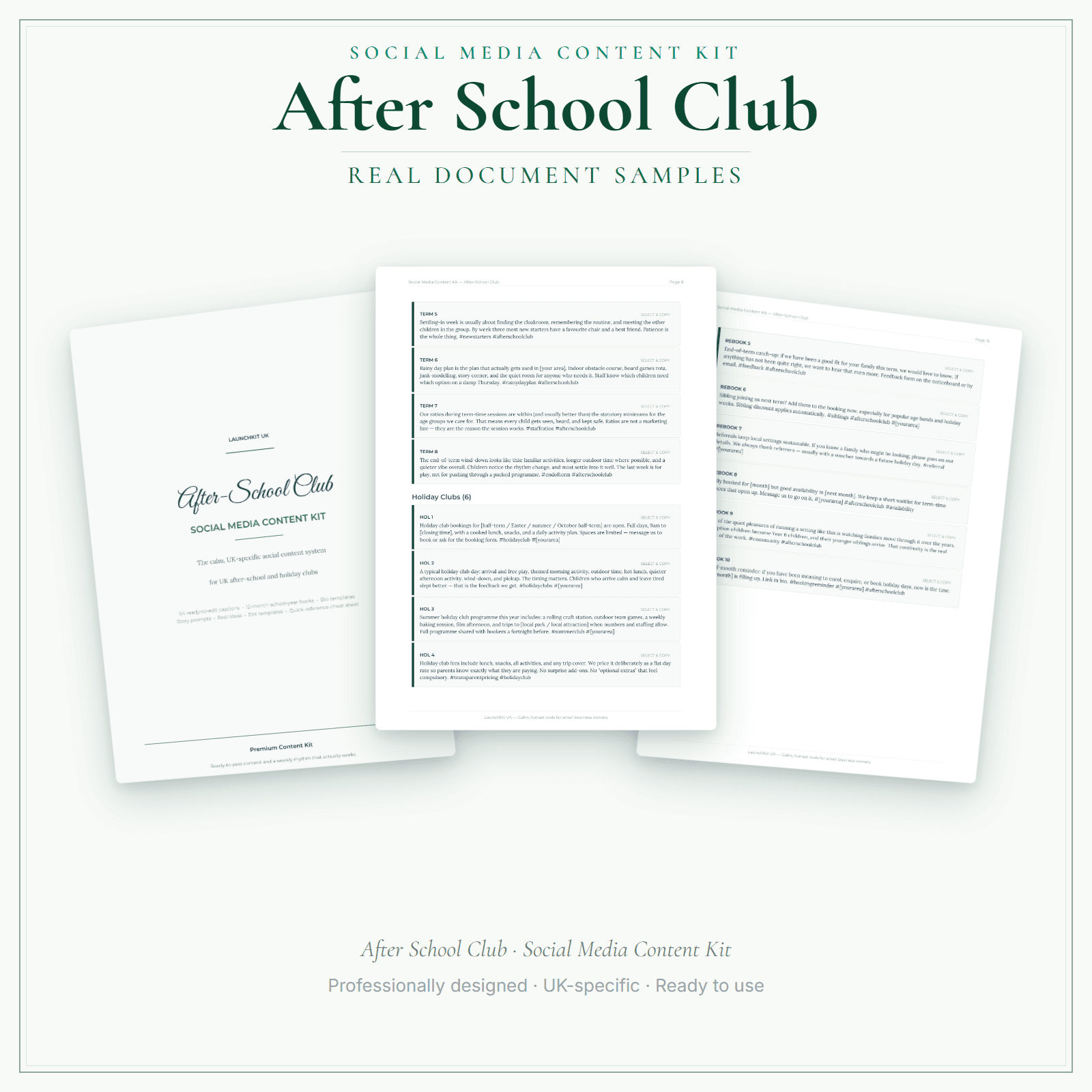 Social Media Content Kit — sample document pages