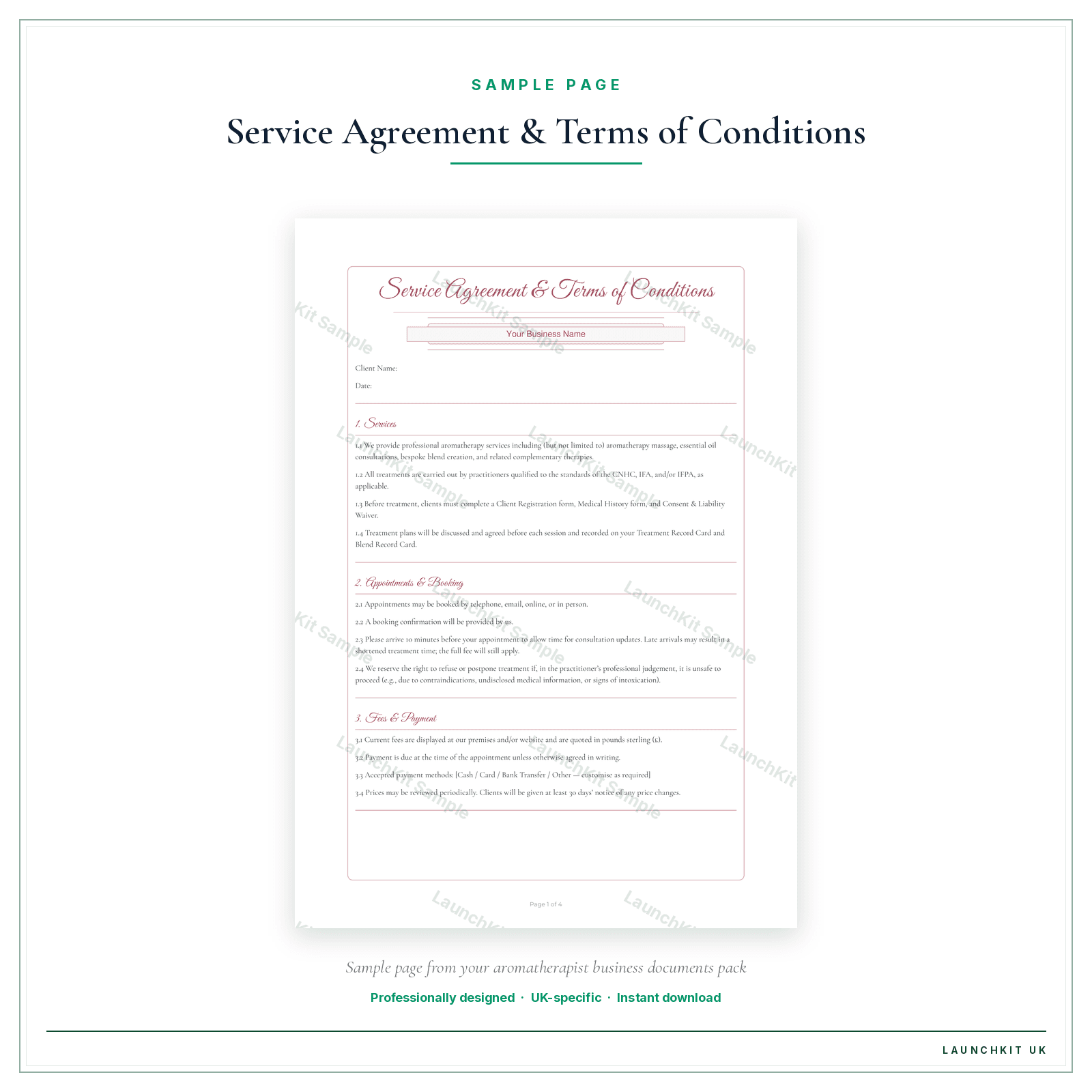 Service Agreement & Terms of Conditions sample page from the Aromatherapist Business Documents — Premium pack — watermarked LaunchKit Sample
