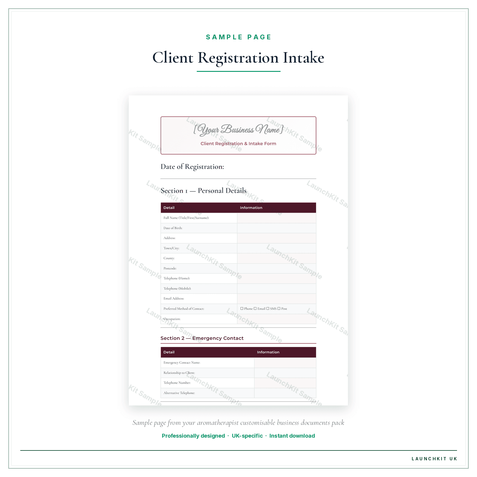 Client Registration & Intake Form sample page from the Aromatherapist Business Documents — Customisable pack — watermarked LaunchKit Sample