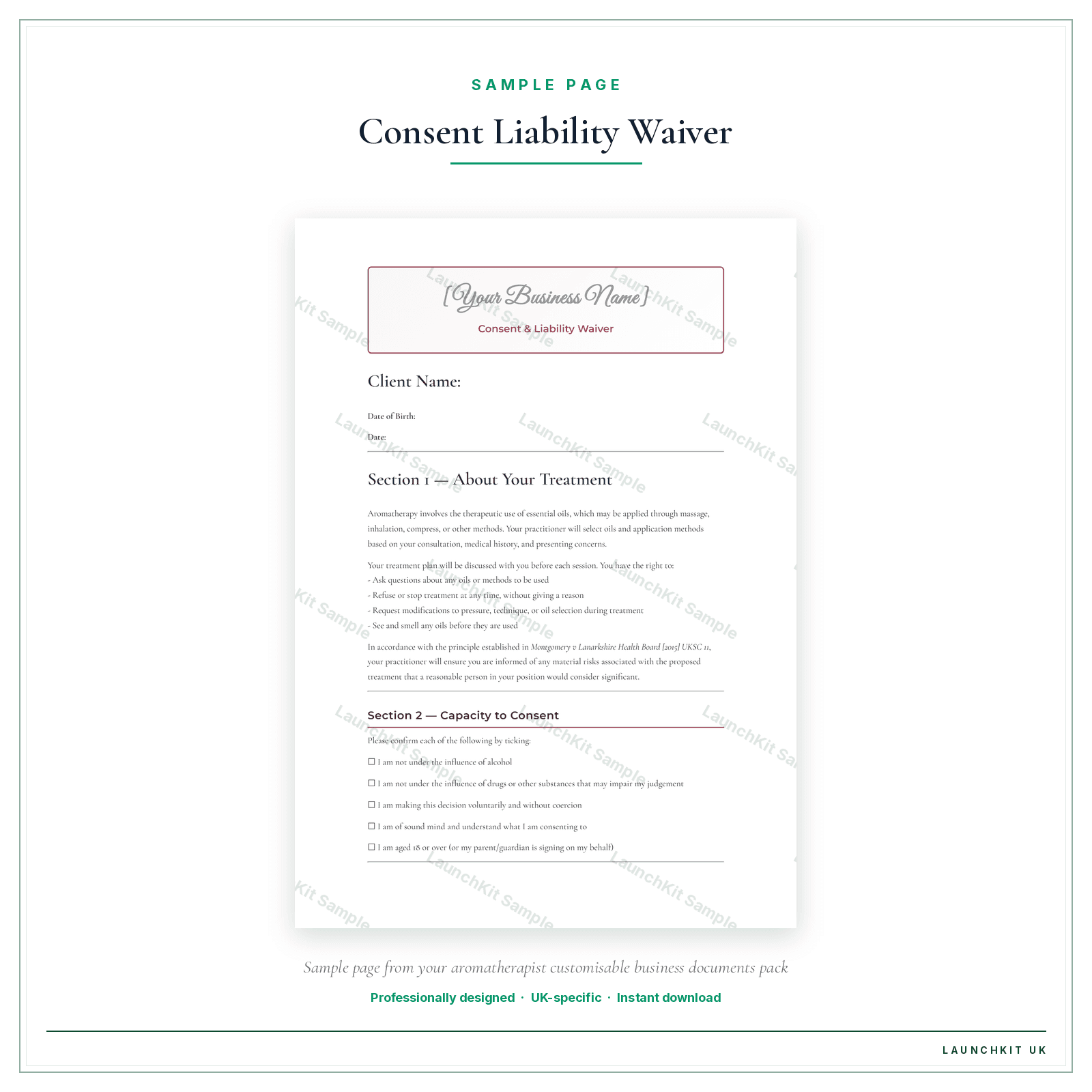 Consent & Liability Waiver sample page from the Aromatherapist Business Documents — Customisable pack — watermarked LaunchKit Sample