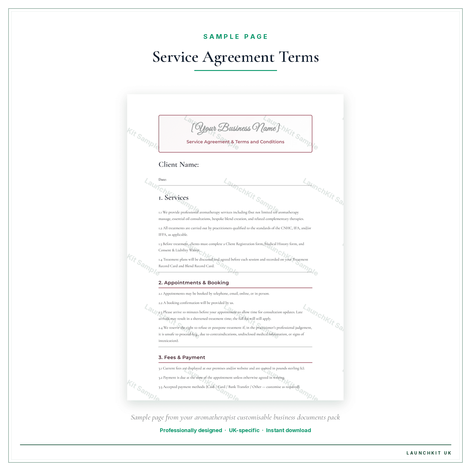 Service Agreement & Terms of Conditions sample page from the Aromatherapist Business Documents — Customisable pack — watermarked LaunchKit Sample