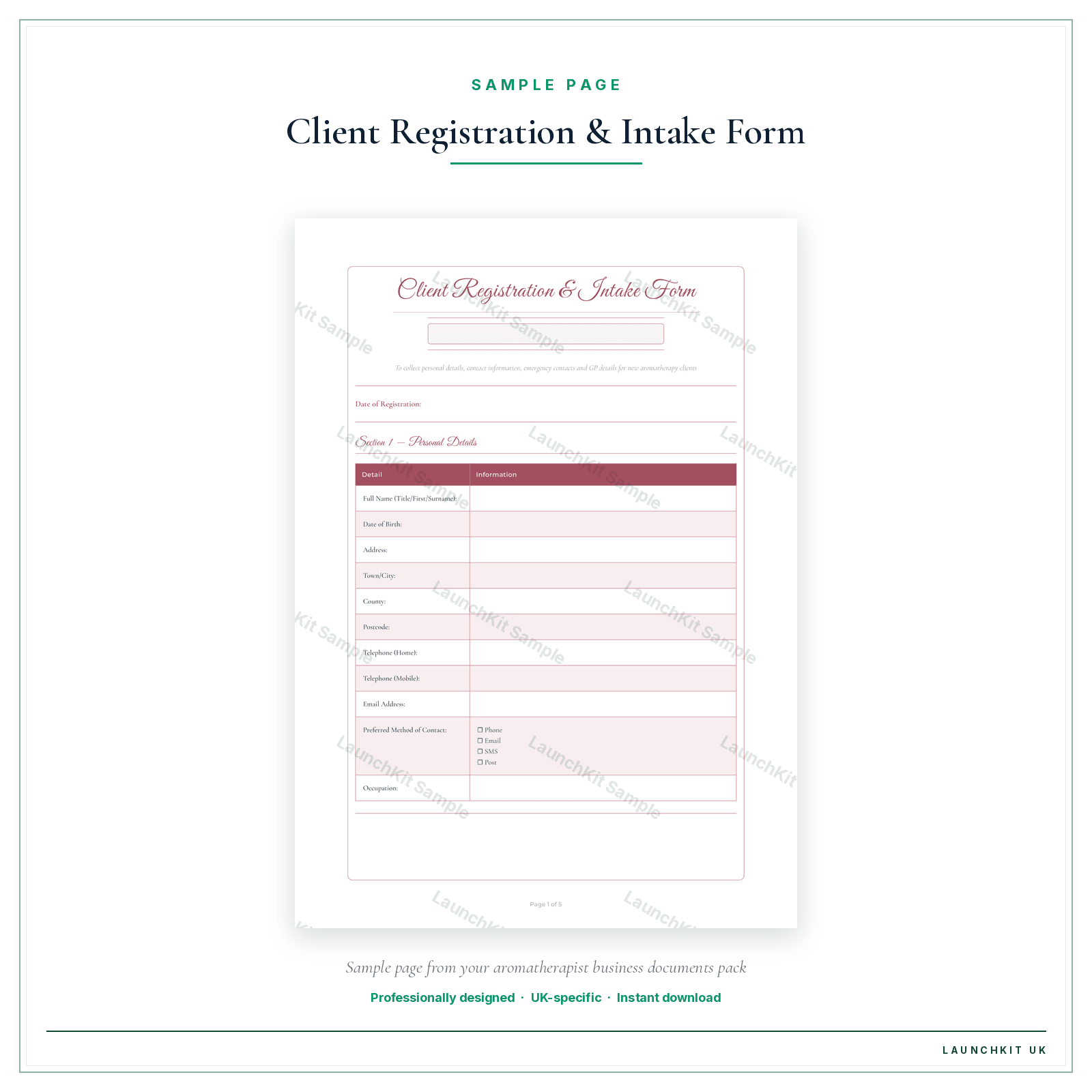 Client Registration & Intake Form sample page from the Aromatherapist Business Documents — Essential pack — watermarked LaunchKit Sample