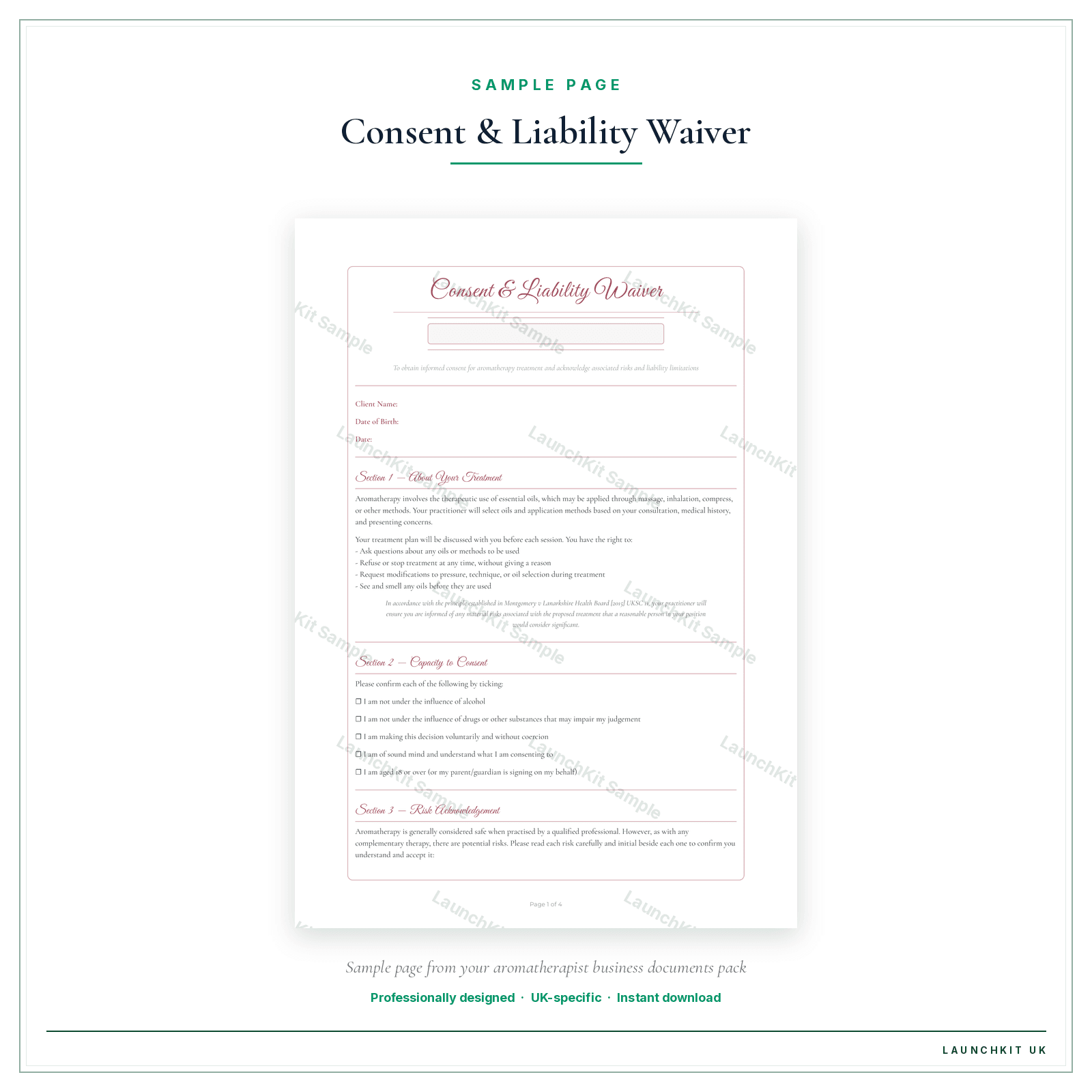 Consent & Liability Waiver sample page from the Aromatherapist Business Documents — Essential pack — watermarked LaunchKit Sample
