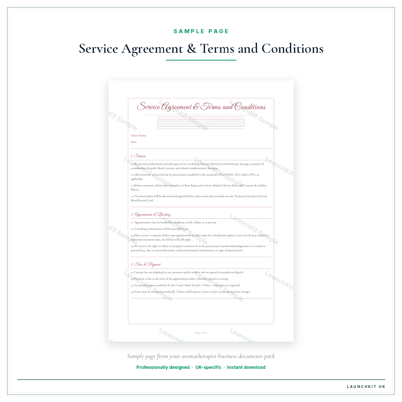 Service Agreement & Terms of Conditions sample page from the Aromatherapist Business Documents — Essential pack — watermarked LaunchKit Sample