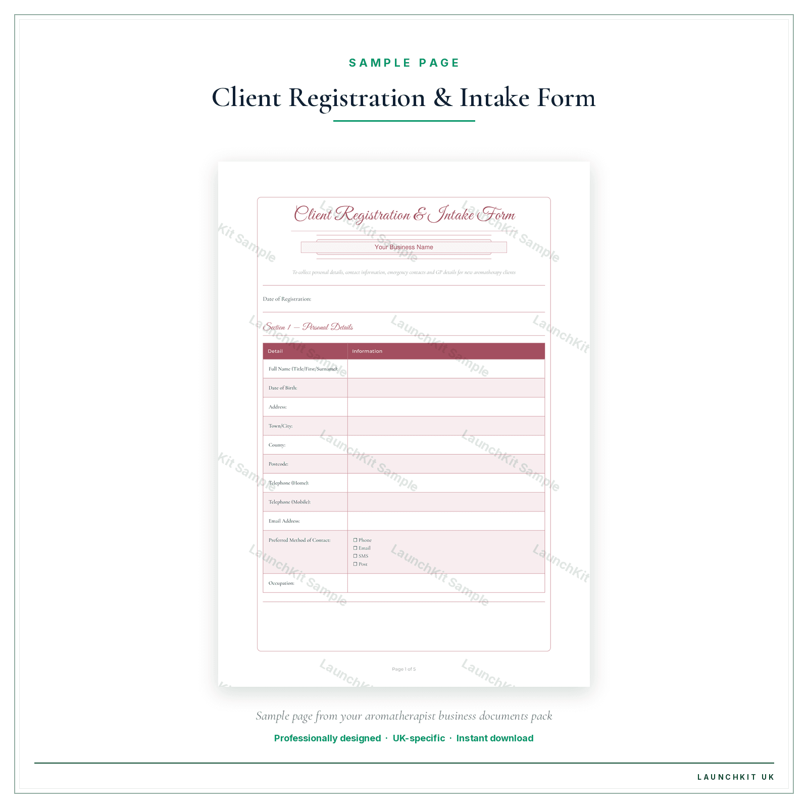Client Registration & Intake Form sample page from the Aromatherapist Business Documents — Standard pack — watermarked LaunchKit Sample