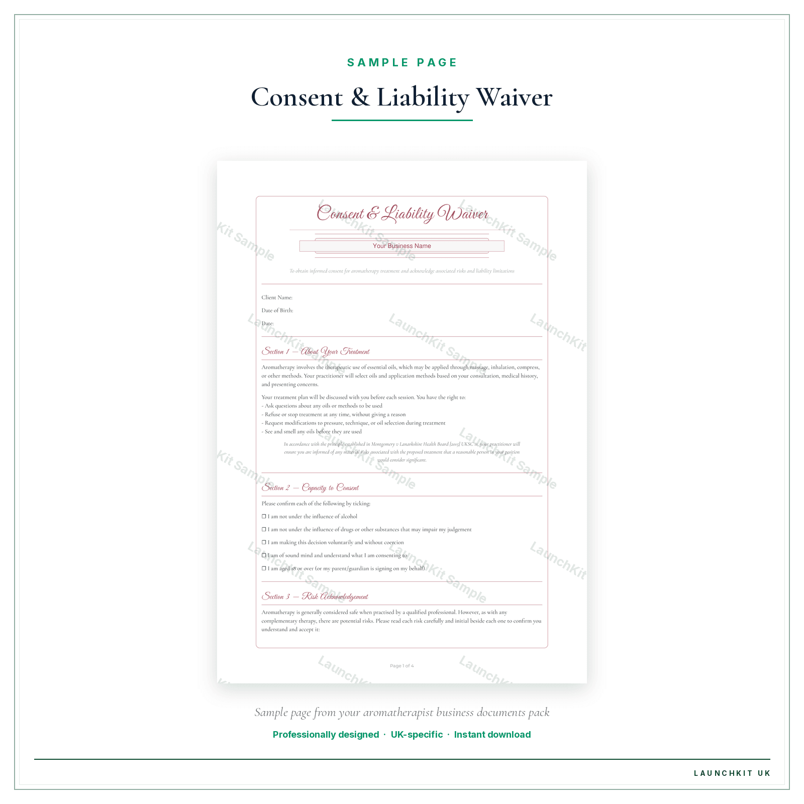 Consent & Liability Waiver sample page from the Aromatherapist Business Documents — Standard pack — watermarked LaunchKit Sample