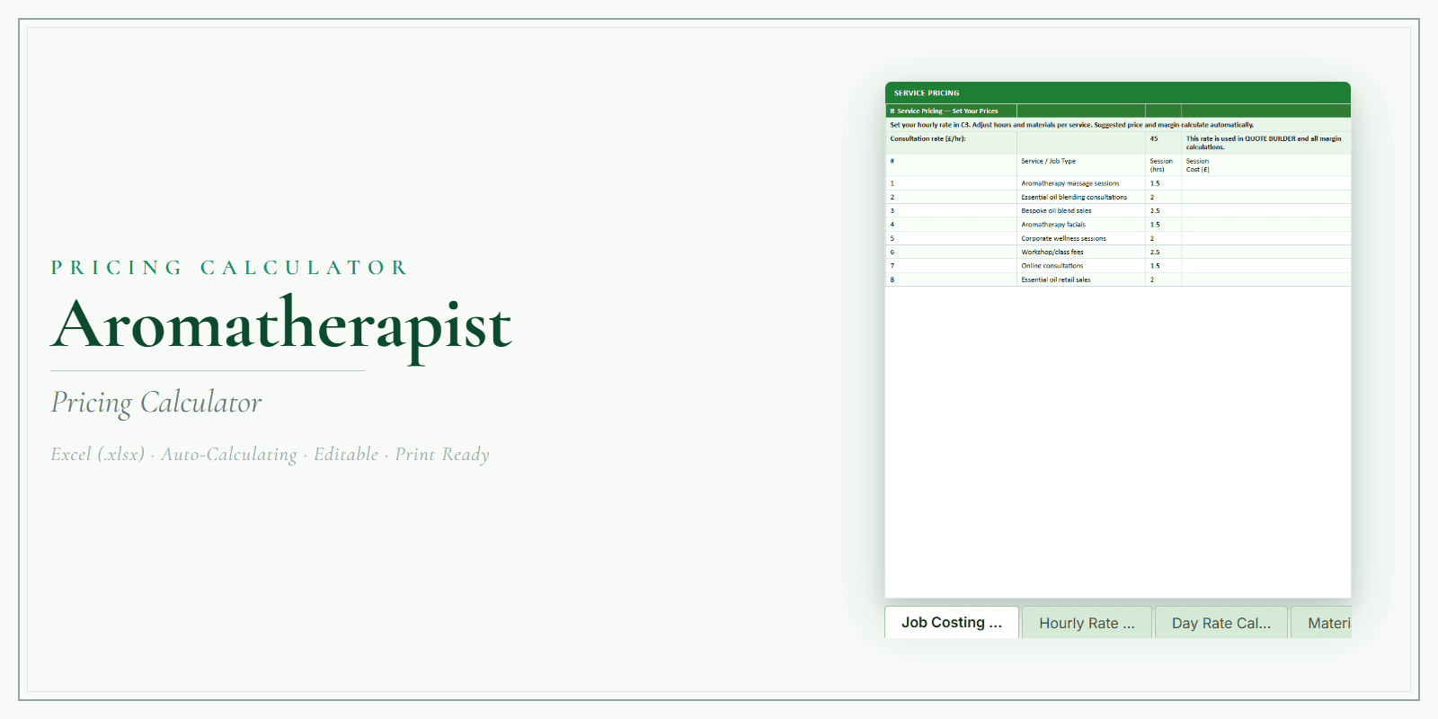 Aromatherapist — Pricing Calculator — Premium, Excel workbook product overview