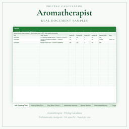 Aromatherapist — Pricing Calculator — Premium, Excel workbook sample pages