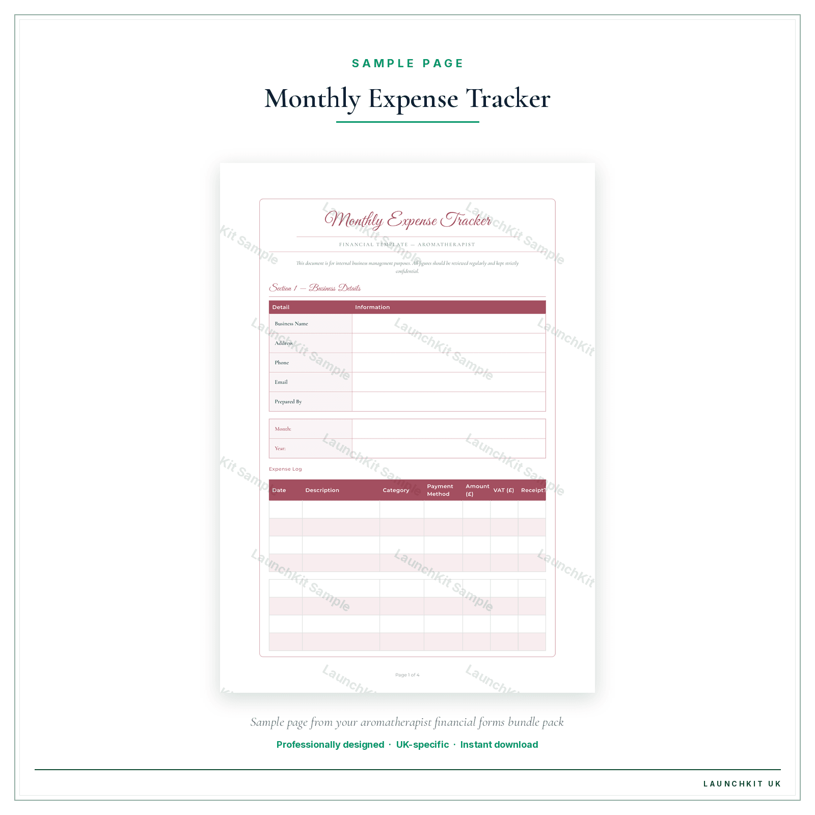 Monthly Expense Tracker sample page from the Aromatherapist Financial Forms Bundle — Premium pack — watermarked LaunchKit Sample