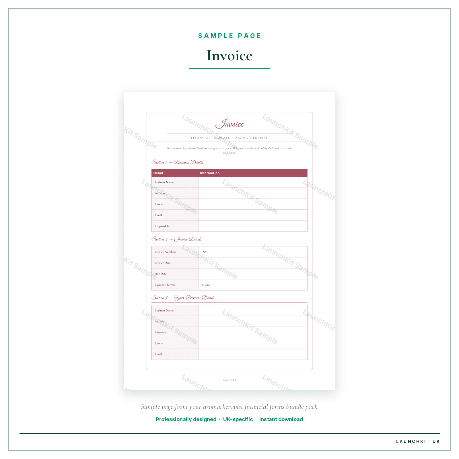 Invoice sample page from the Aromatherapist Financial Forms Bundle — Premium pack — watermarked LaunchKit Sample