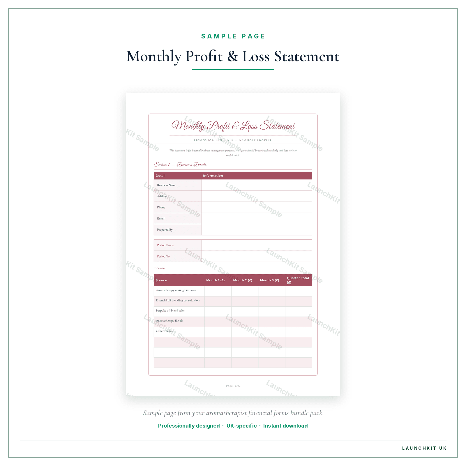Monthly Profit & Loss Statement sample page from the Aromatherapist Financial Forms Bundle — Premium pack — watermarked LaunchKit Sample