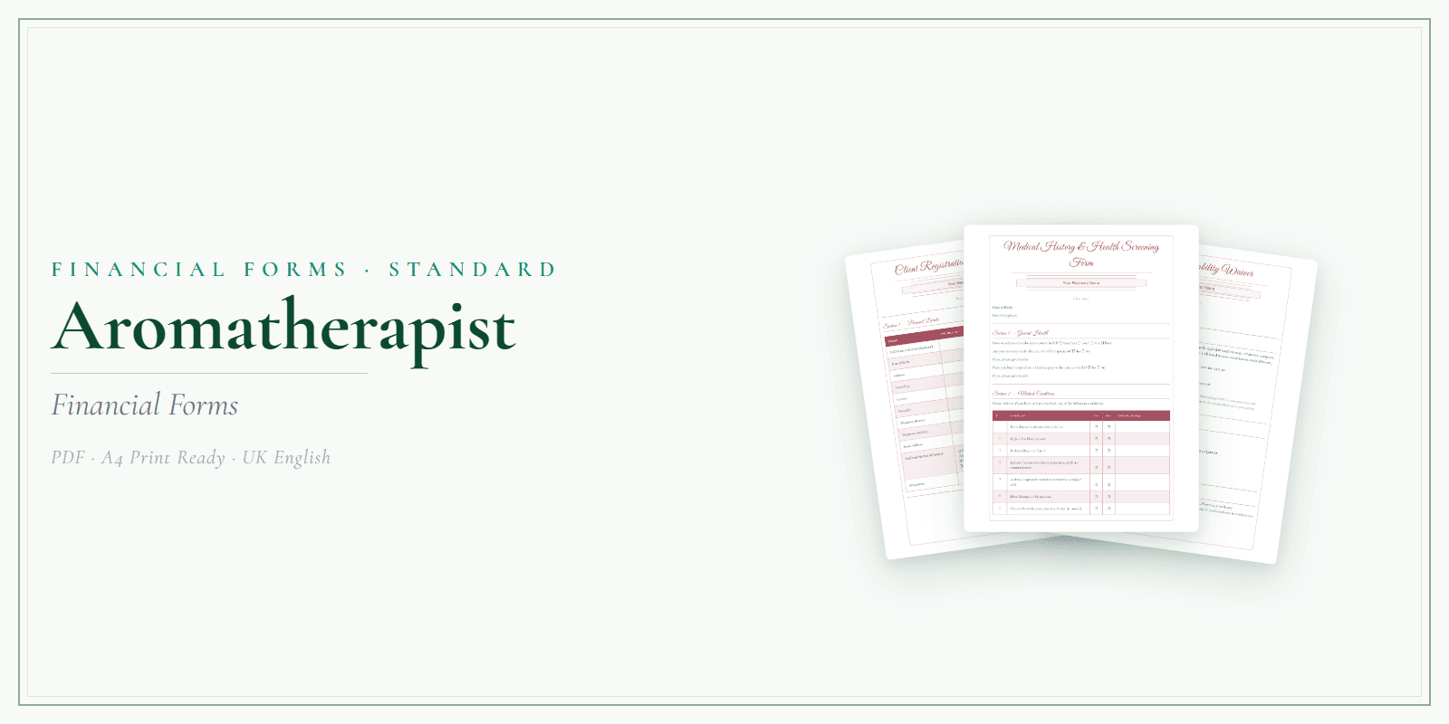 Aromatherapist — Financial Forms Bundle — Standard, PDF with fillable header product overview