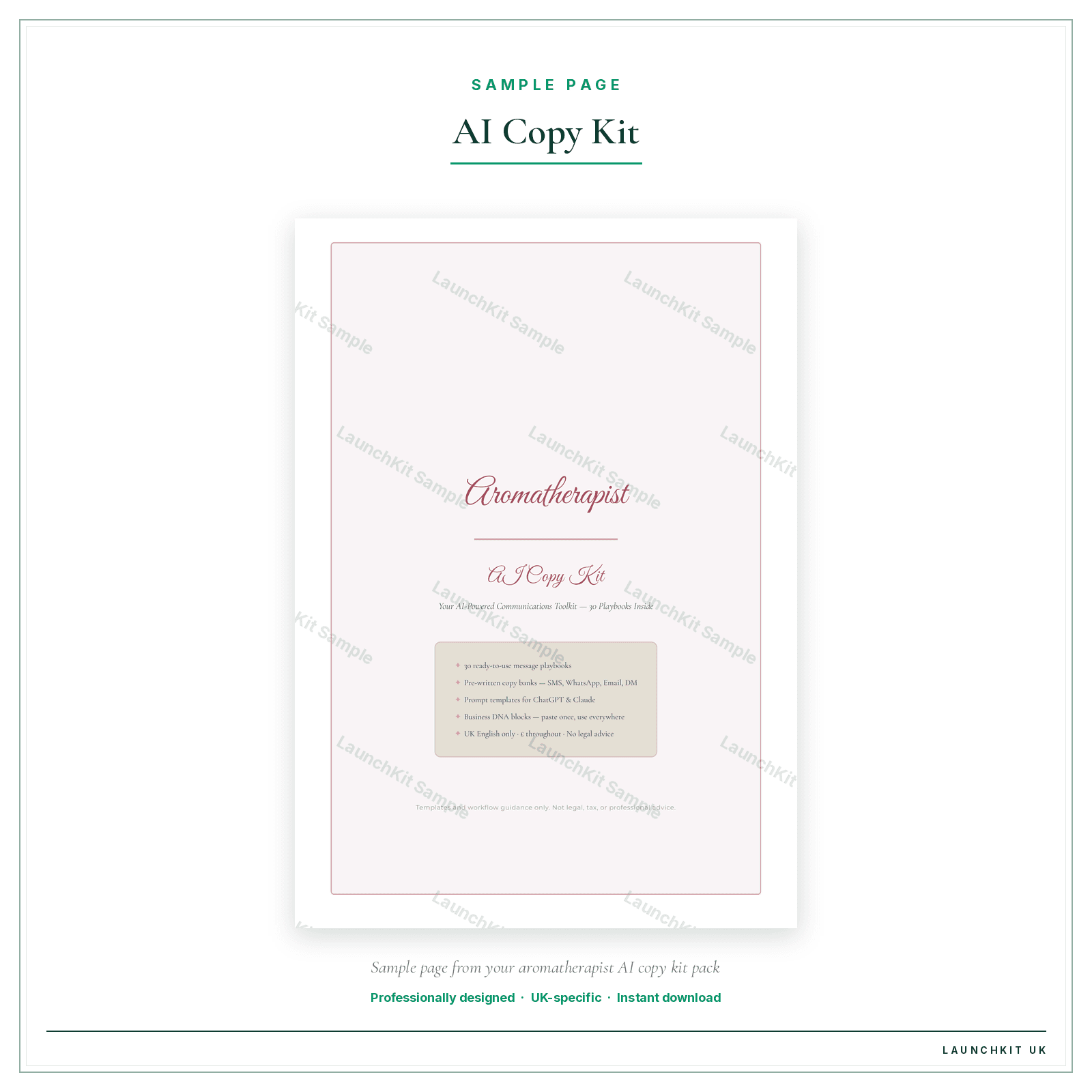 AI Copy Kit sample page from the Aromatherapist AI Copy Kit pack — watermarked LaunchKit Sample