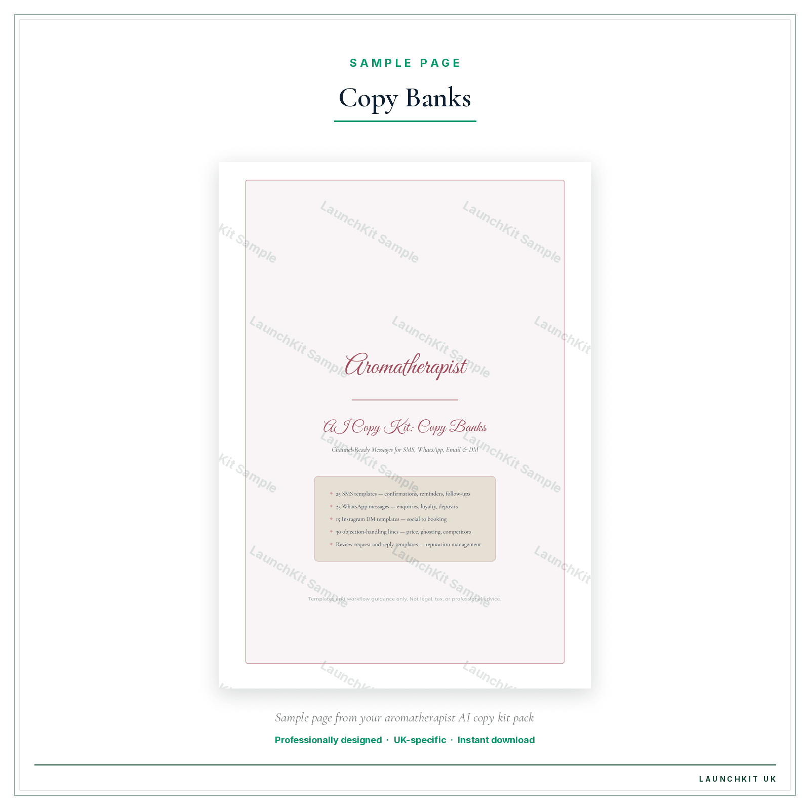 Copy Banks sample page from the Aromatherapist AI Copy Kit pack — watermarked LaunchKit Sample
