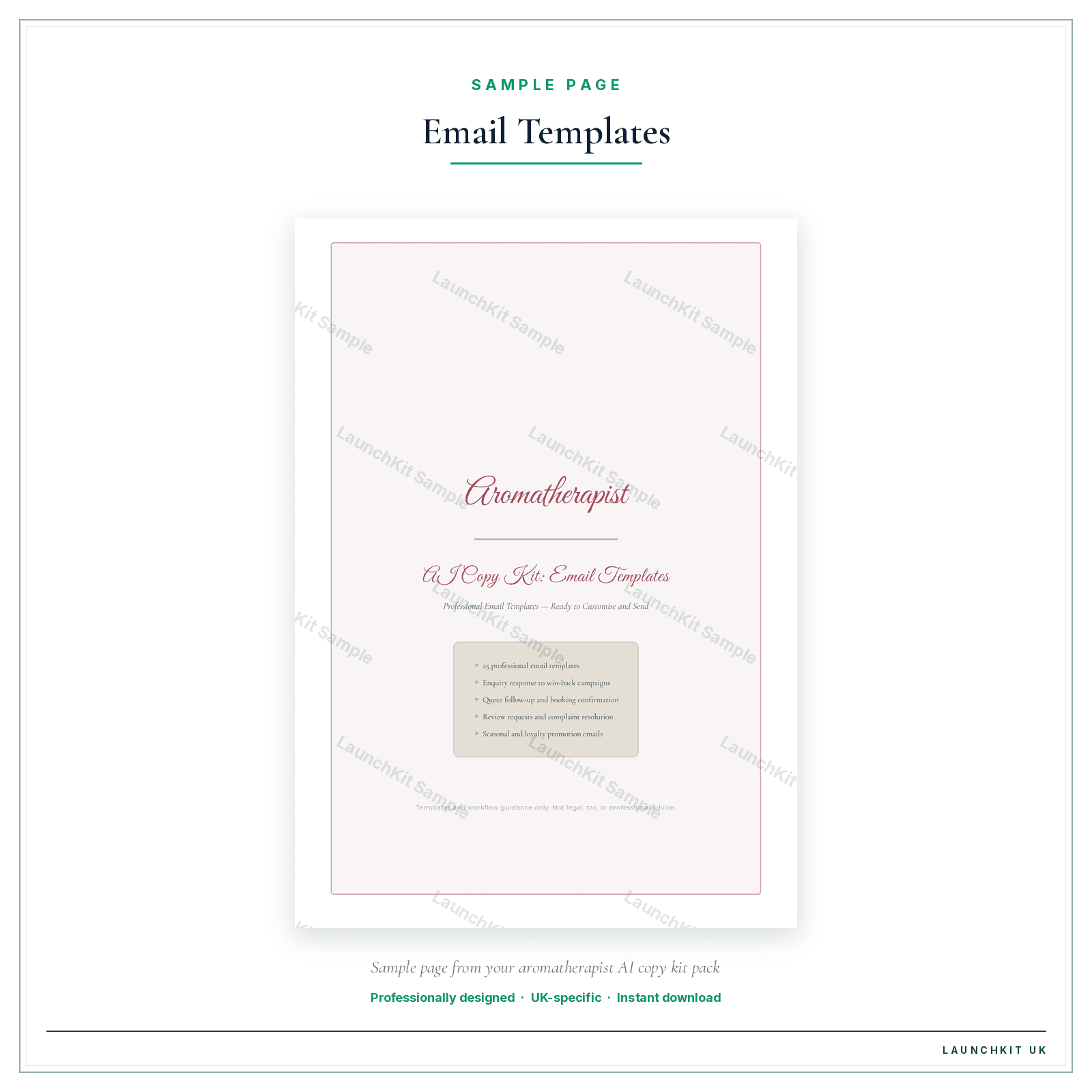 Email Templates sample page from the Aromatherapist AI Copy Kit pack — watermarked LaunchKit Sample