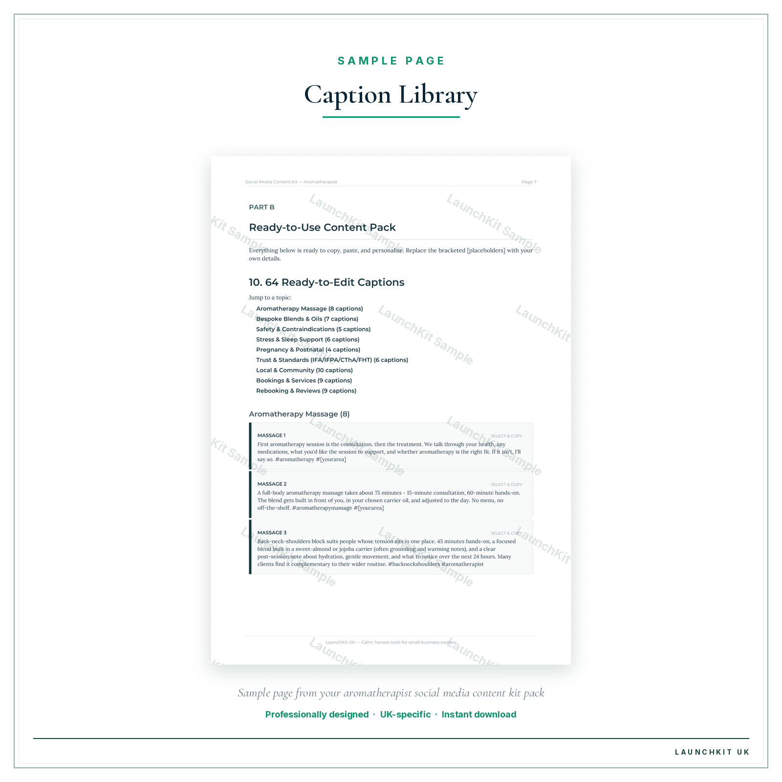 Caption Library sample page from the Aromatherapist Social Media Content Kit pack — watermarked LaunchKit Sample