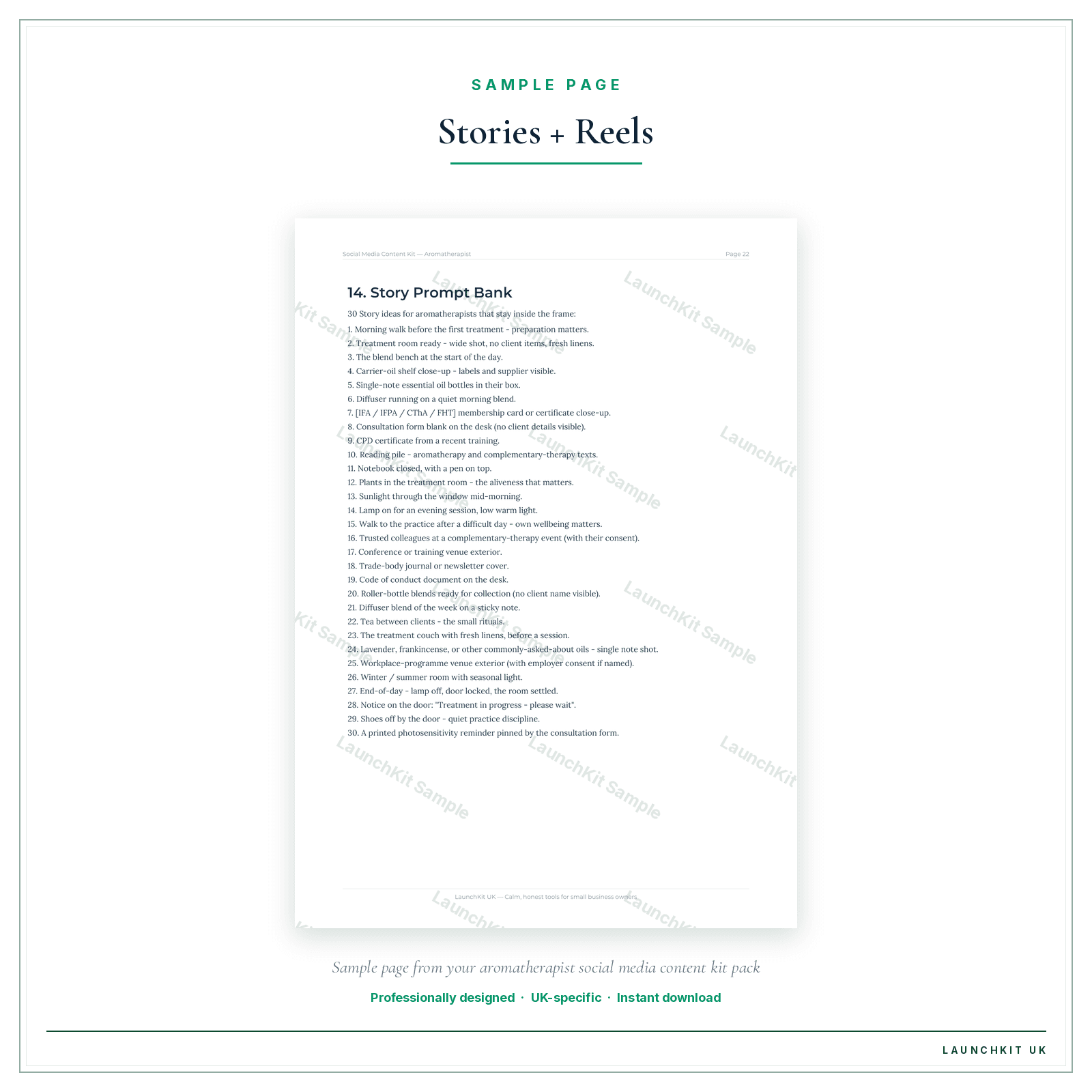 Stories + Reels sample page from the Aromatherapist Social Media Content Kit pack — watermarked LaunchKit Sample