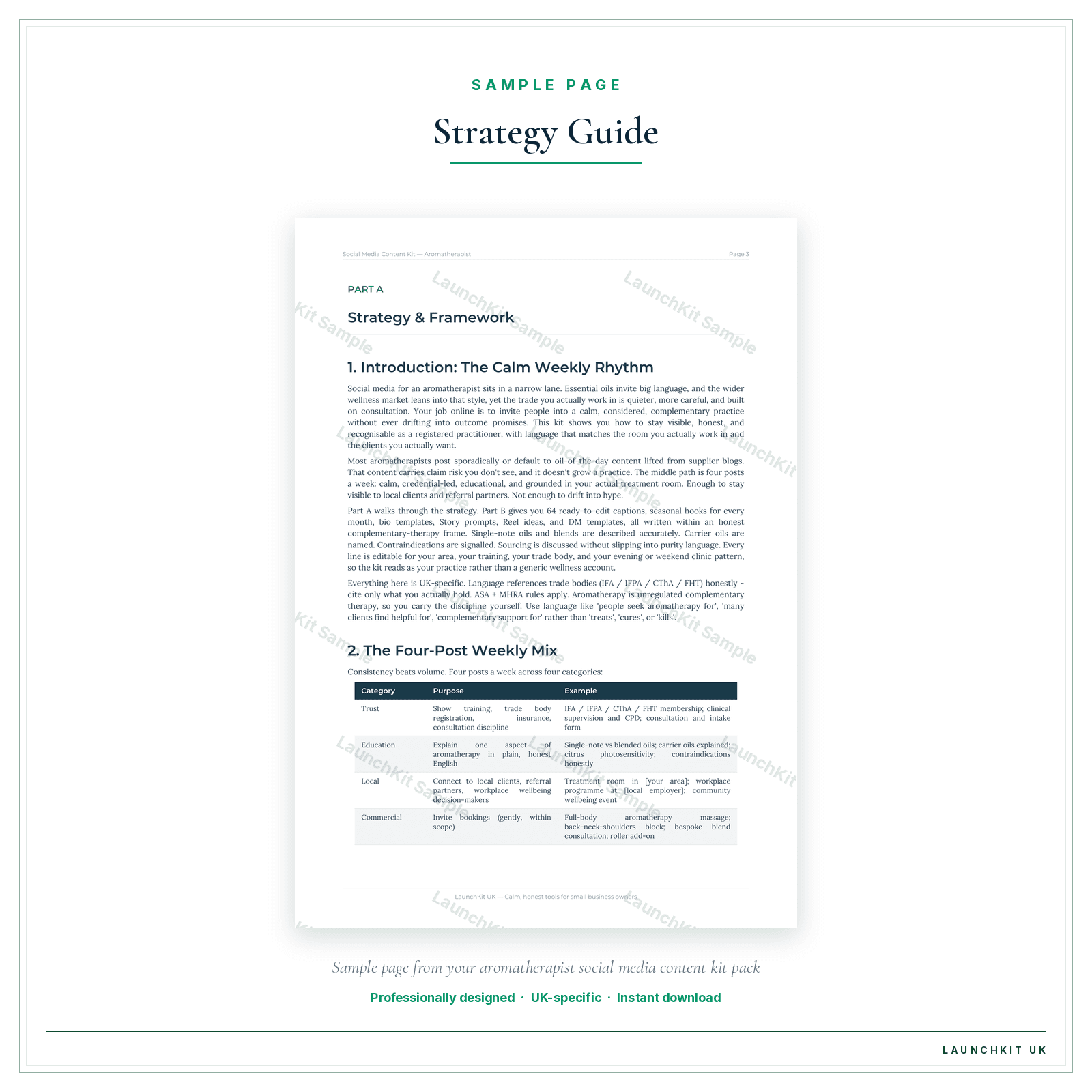 Strategy Guide sample page from the Aromatherapist Social Media Content Kit pack — watermarked LaunchKit Sample