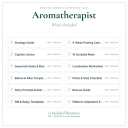 Aromatherapist — Social Media Content Kit, PDF and editable DOCX what's included preview