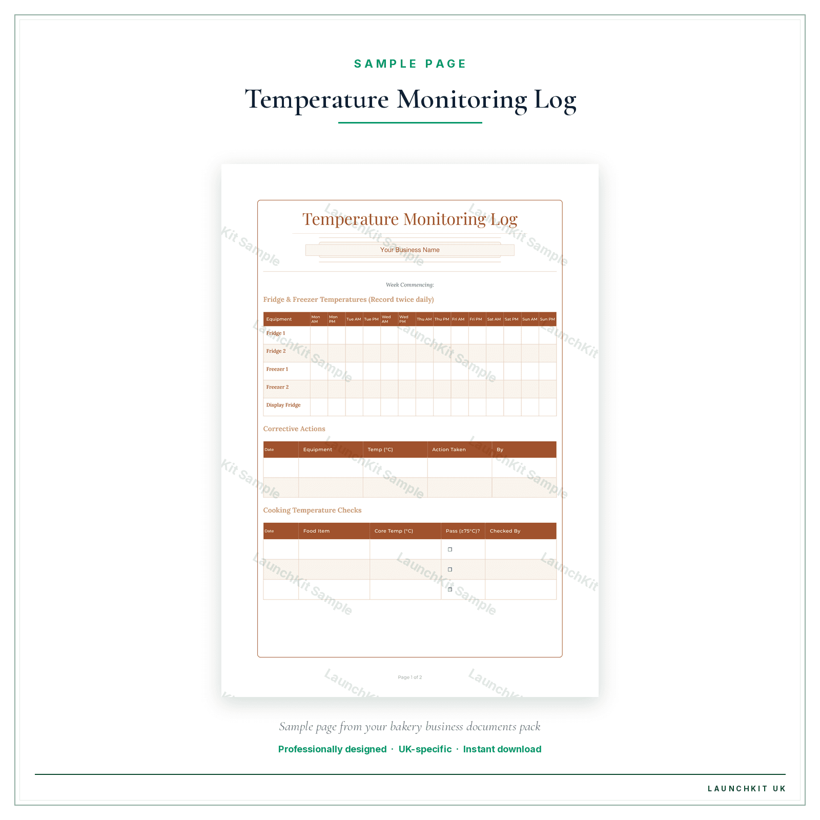 Temperature Monitoring Log sample page from the Bakery Business Documents — Premium pack — watermarked LaunchKit Sample