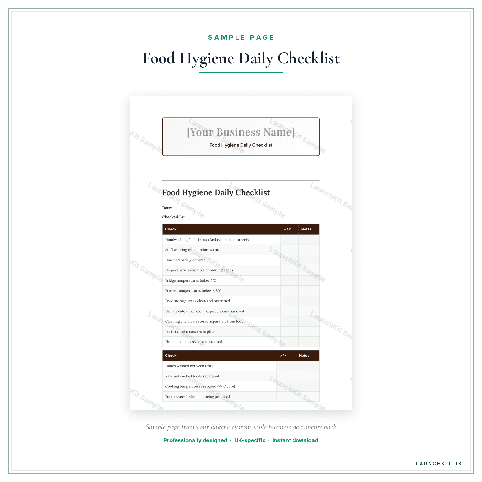 Food Hygiene Daily Checklist sample page from the Bakery Business Documents — Customisable pack — watermarked LaunchKit Sample
