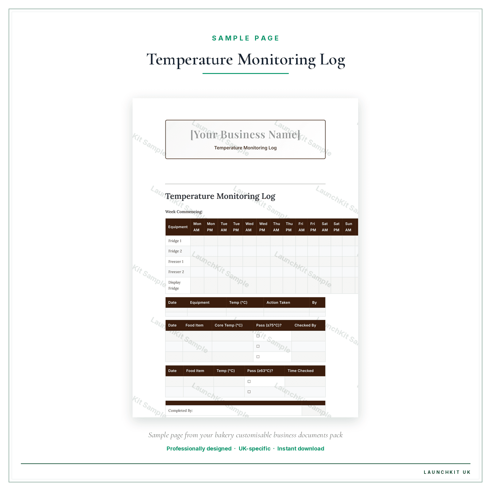 Temperature Monitoring Log sample page from the Bakery Business Documents — Customisable pack — watermarked LaunchKit Sample