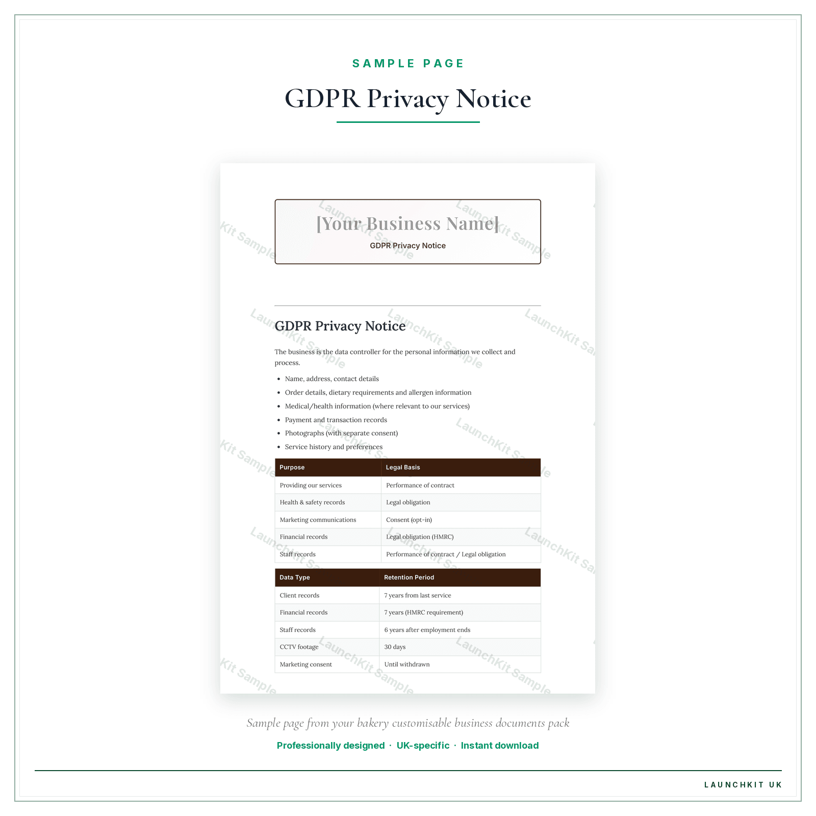 GDPR Privacy Notice sample page from the Bakery Business Documents — Customisable pack — watermarked LaunchKit Sample