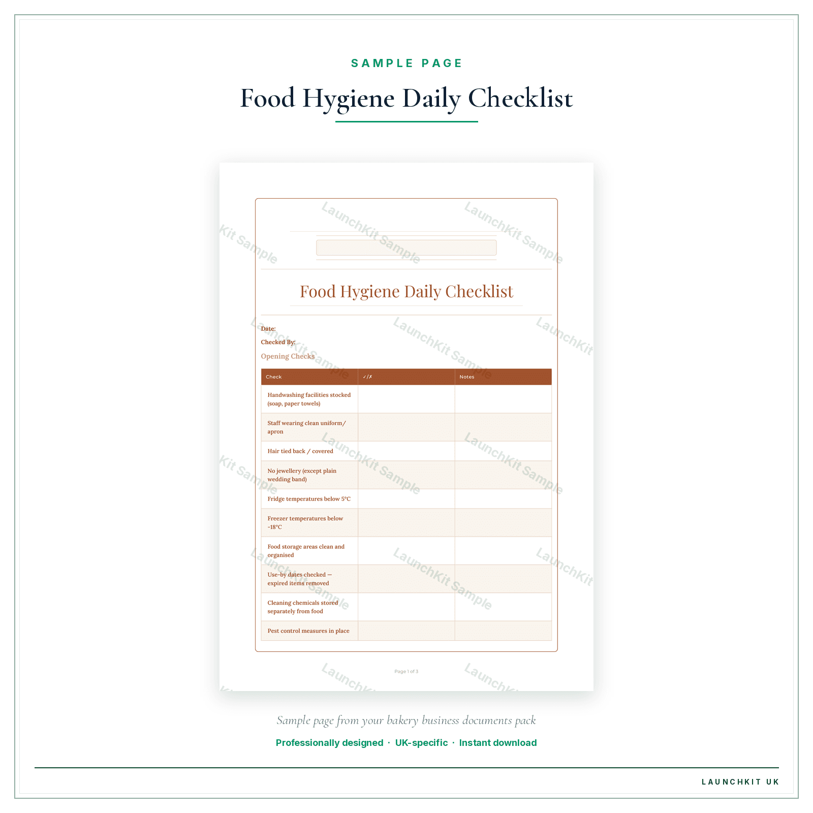 Food Hygiene Daily Checklist sample page from the Bakery Business Documents — Essential pack — watermarked LaunchKit Sample