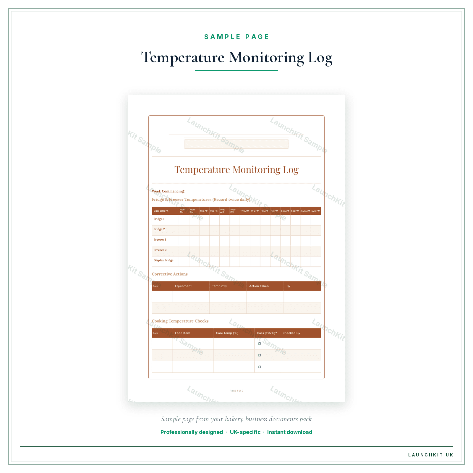 Temperature Monitoring Log sample page from the Bakery Business Documents — Essential pack — watermarked LaunchKit Sample
