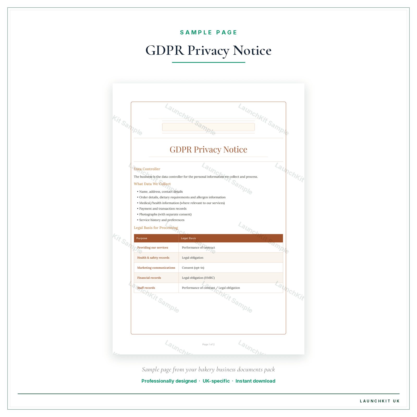 GDPR Privacy Notice sample page from the Bakery Business Documents — Essential pack — watermarked LaunchKit Sample