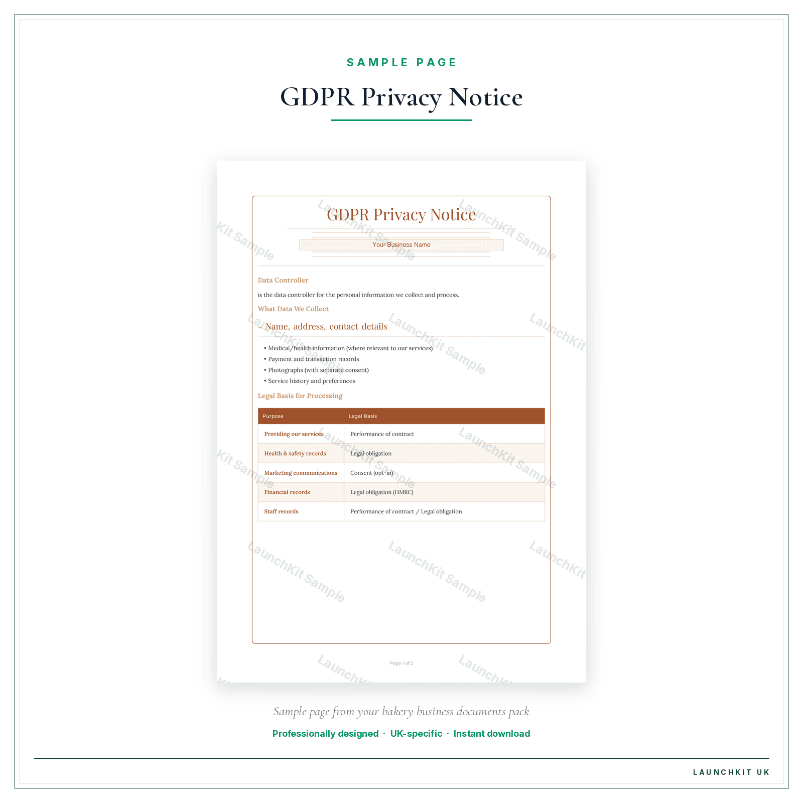 GDPR Privacy Notice sample page from the Bakery Business Documents — Standard pack — watermarked LaunchKit Sample