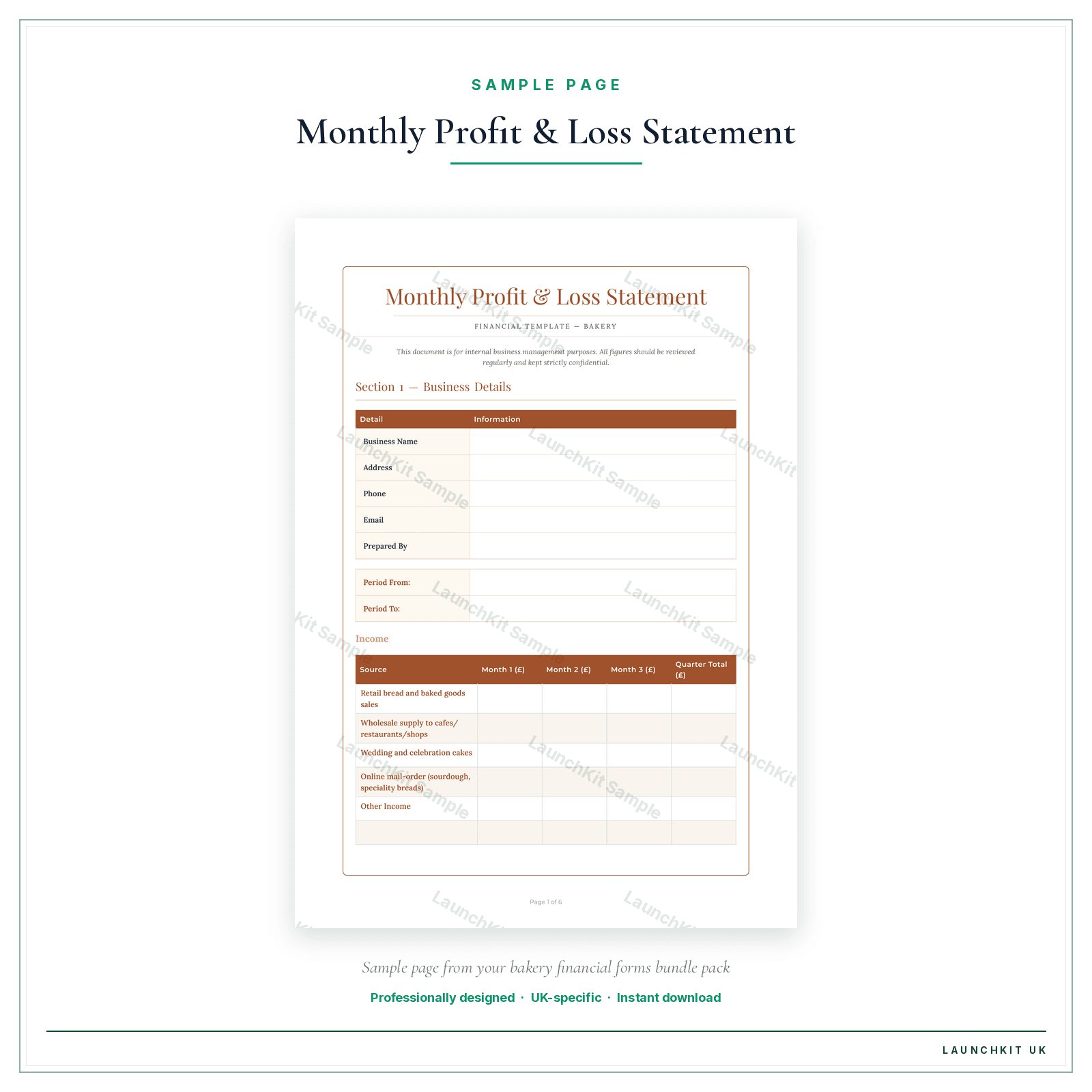 Monthly Profit & Loss Statement sample page from the Bakery Financial Forms Bundle — Premium pack — watermarked LaunchKit Sample