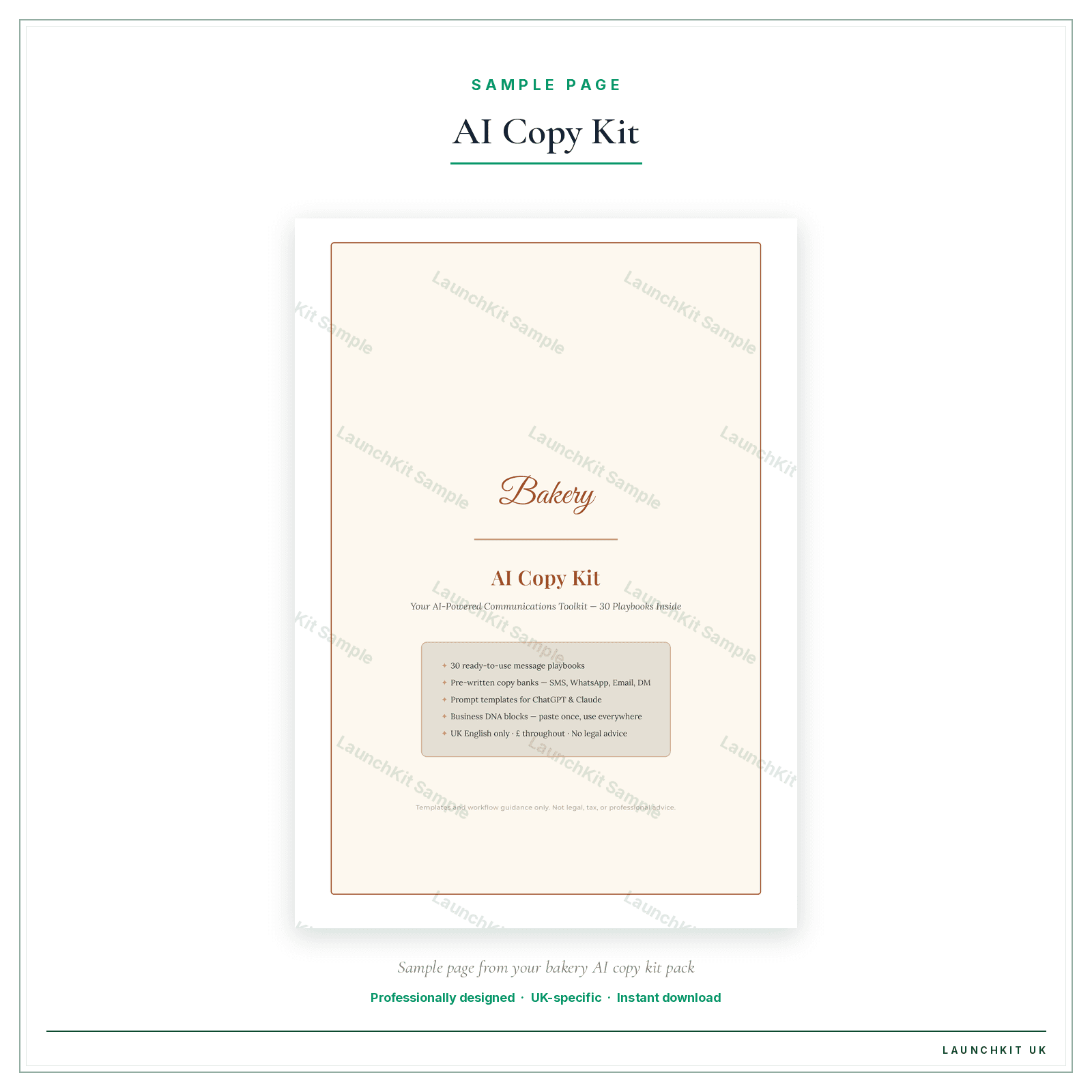 AI Copy Kit sample page from the Bakery AI Copy Kit pack — watermarked LaunchKit Sample
