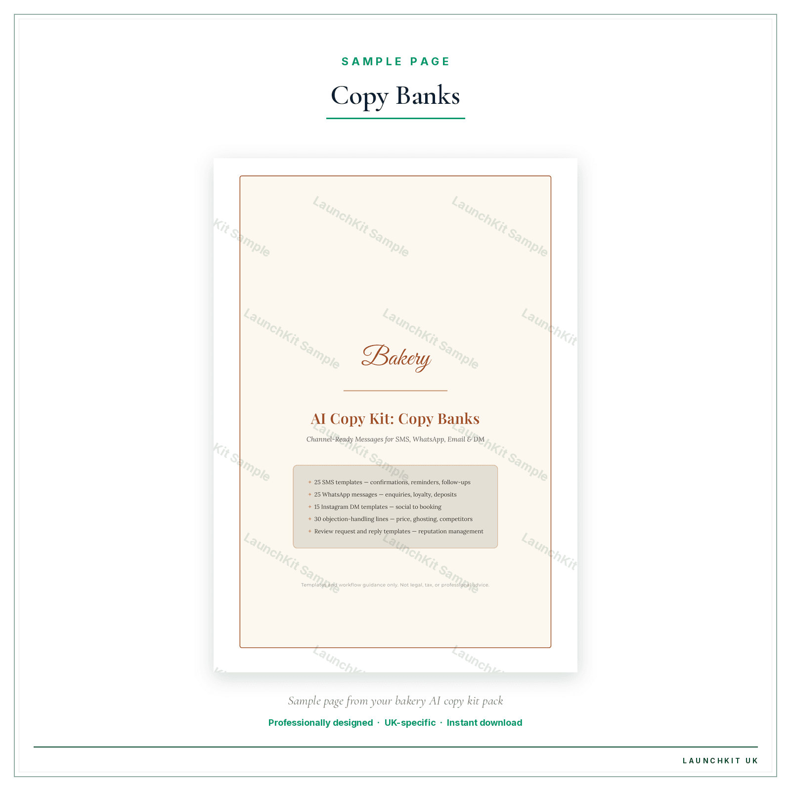 Copy Banks sample page from the Bakery AI Copy Kit pack — watermarked LaunchKit Sample