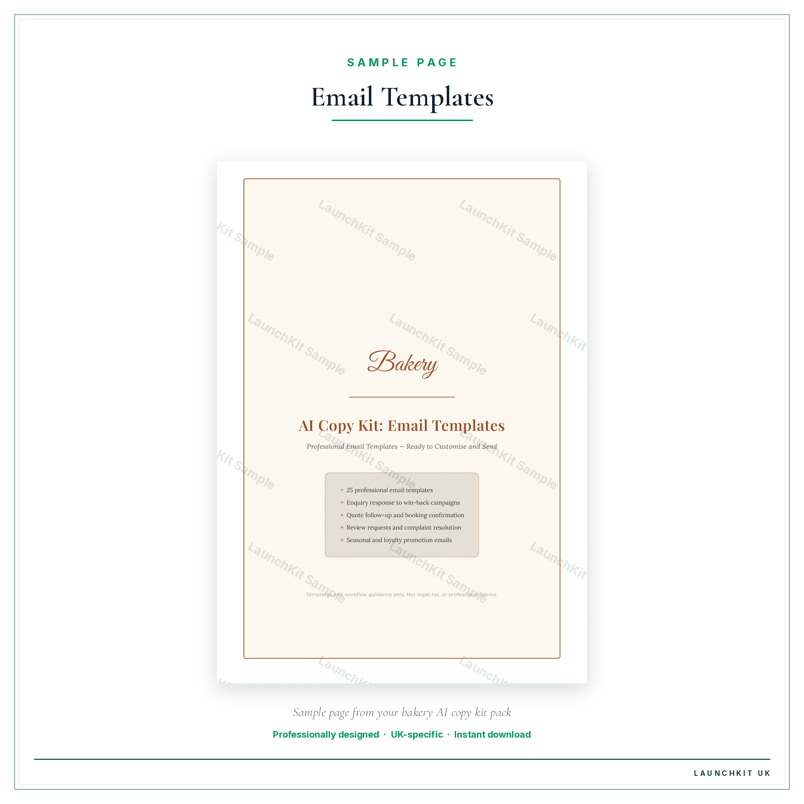 Email Templates sample page from the Bakery AI Copy Kit pack — watermarked LaunchKit Sample