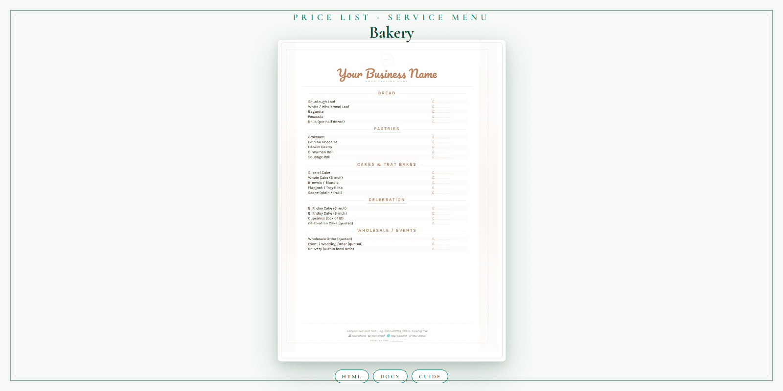 Bakery — Price List & Service Menu, PDF product overview