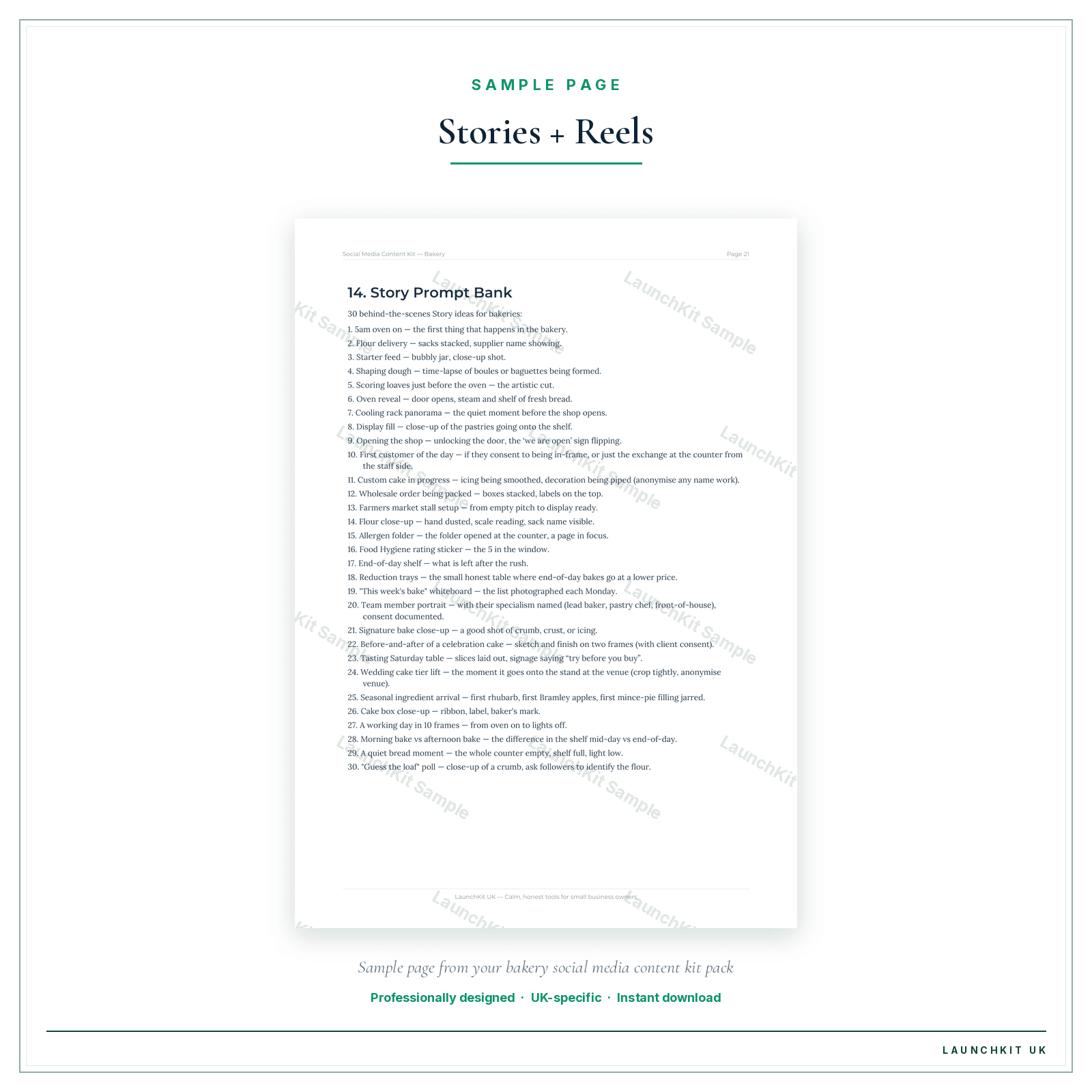 Stories + Reels sample page from the Bakery Social Media Content Kit pack — watermarked LaunchKit Sample