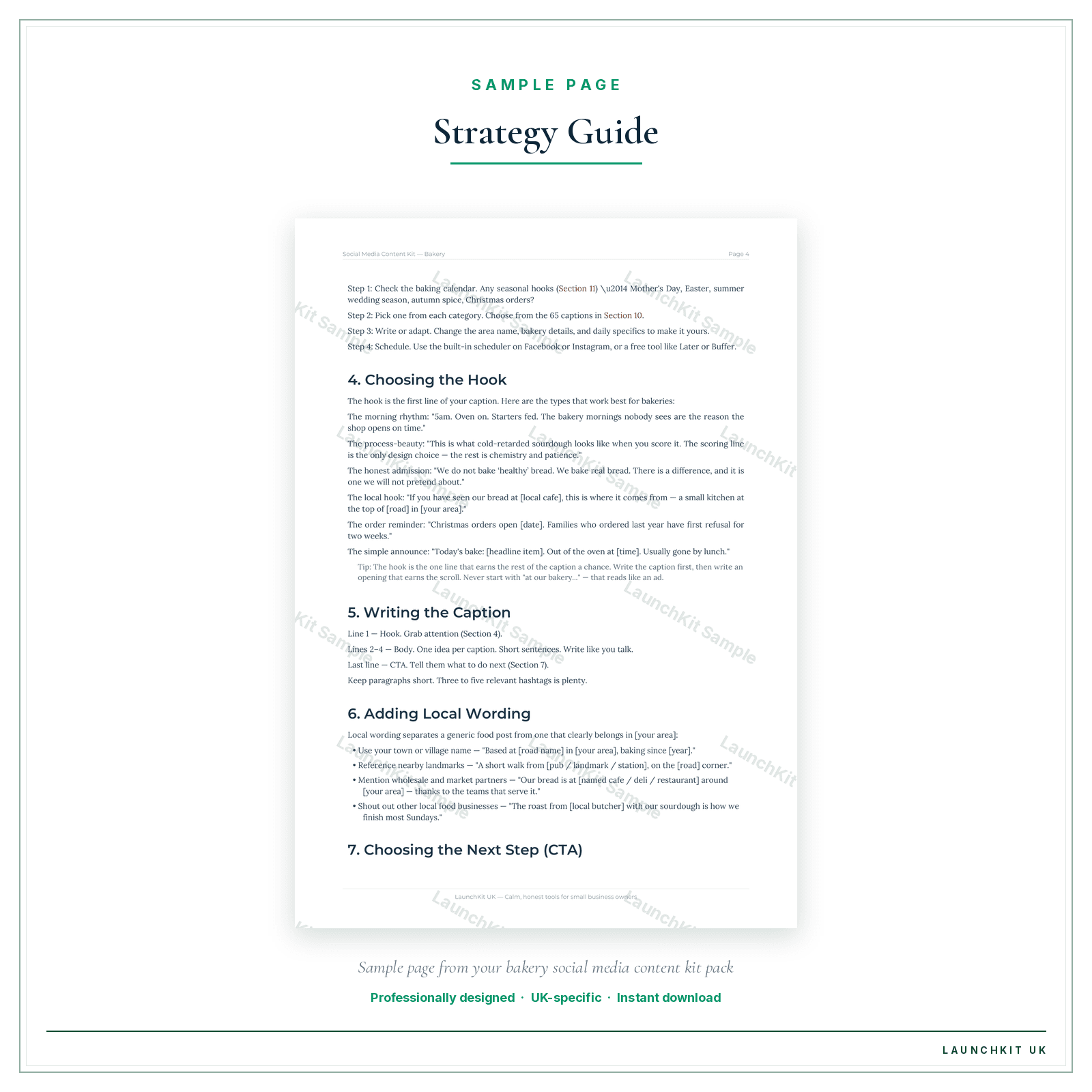 Strategy Guide sample page from the Bakery Social Media Content Kit pack — watermarked LaunchKit Sample
