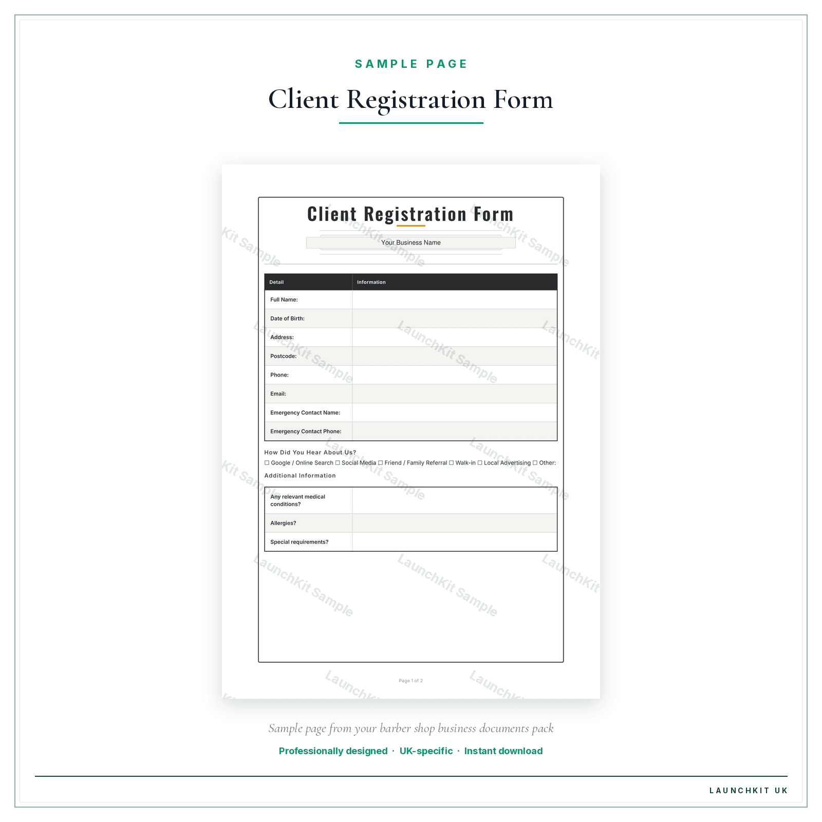 Client Registration Form sample page from the Barber Shop Business Documents — Premium pack — watermarked LaunchKit Sample