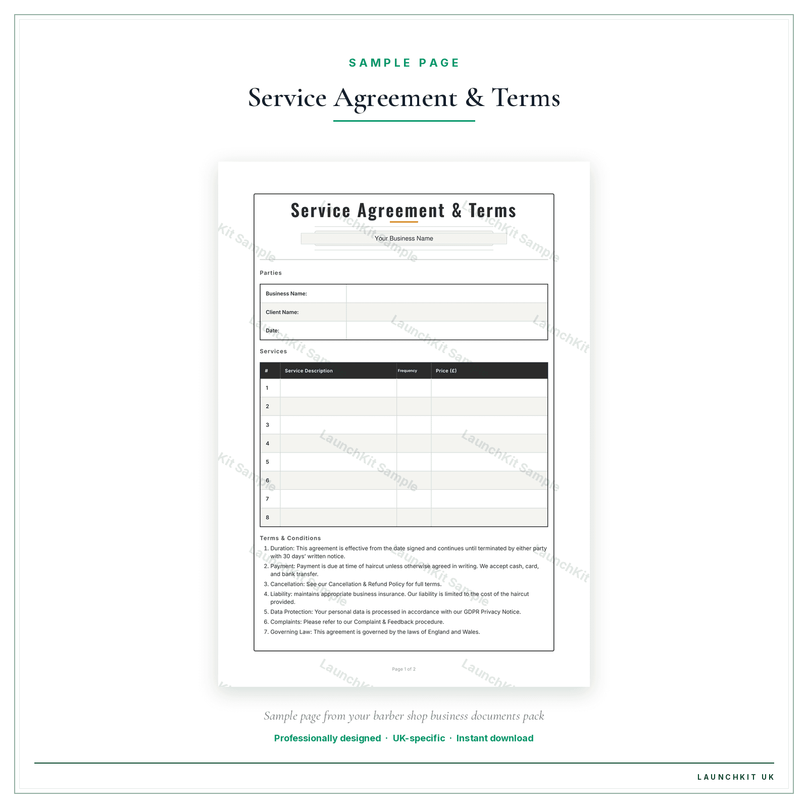 Service Agreement & Terms sample page from the Barber Shop Business Documents — Premium pack — watermarked LaunchKit Sample