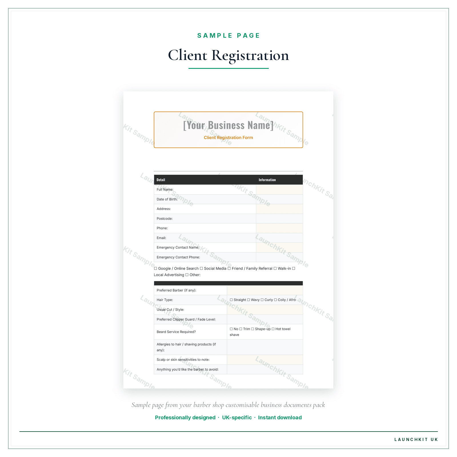 Client Registration Form sample page from the Barber Shop Business Documents — Customisable pack — watermarked LaunchKit Sample