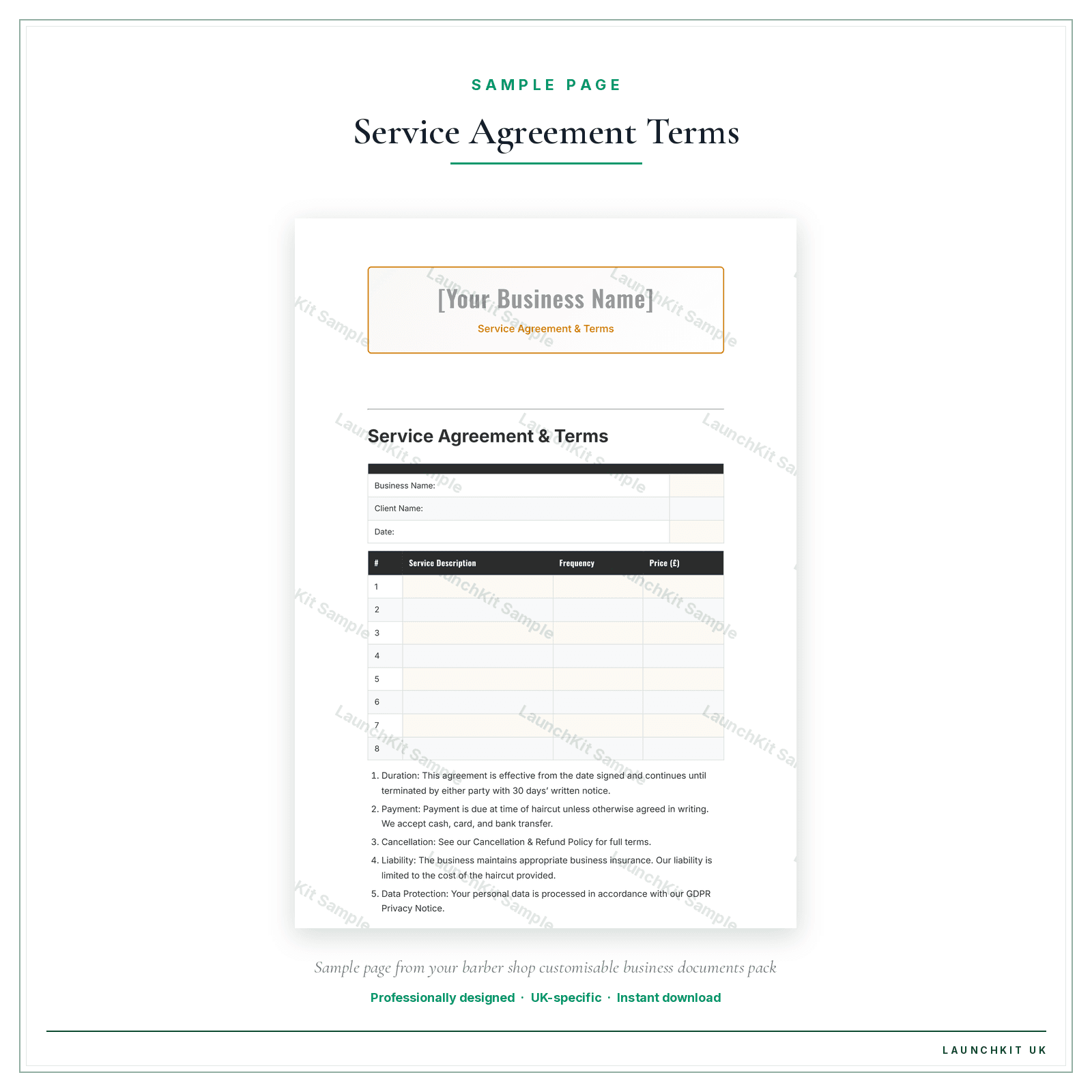 Service Agreement & Terms sample page from the Barber Shop Business Documents — Customisable pack — watermarked LaunchKit Sample