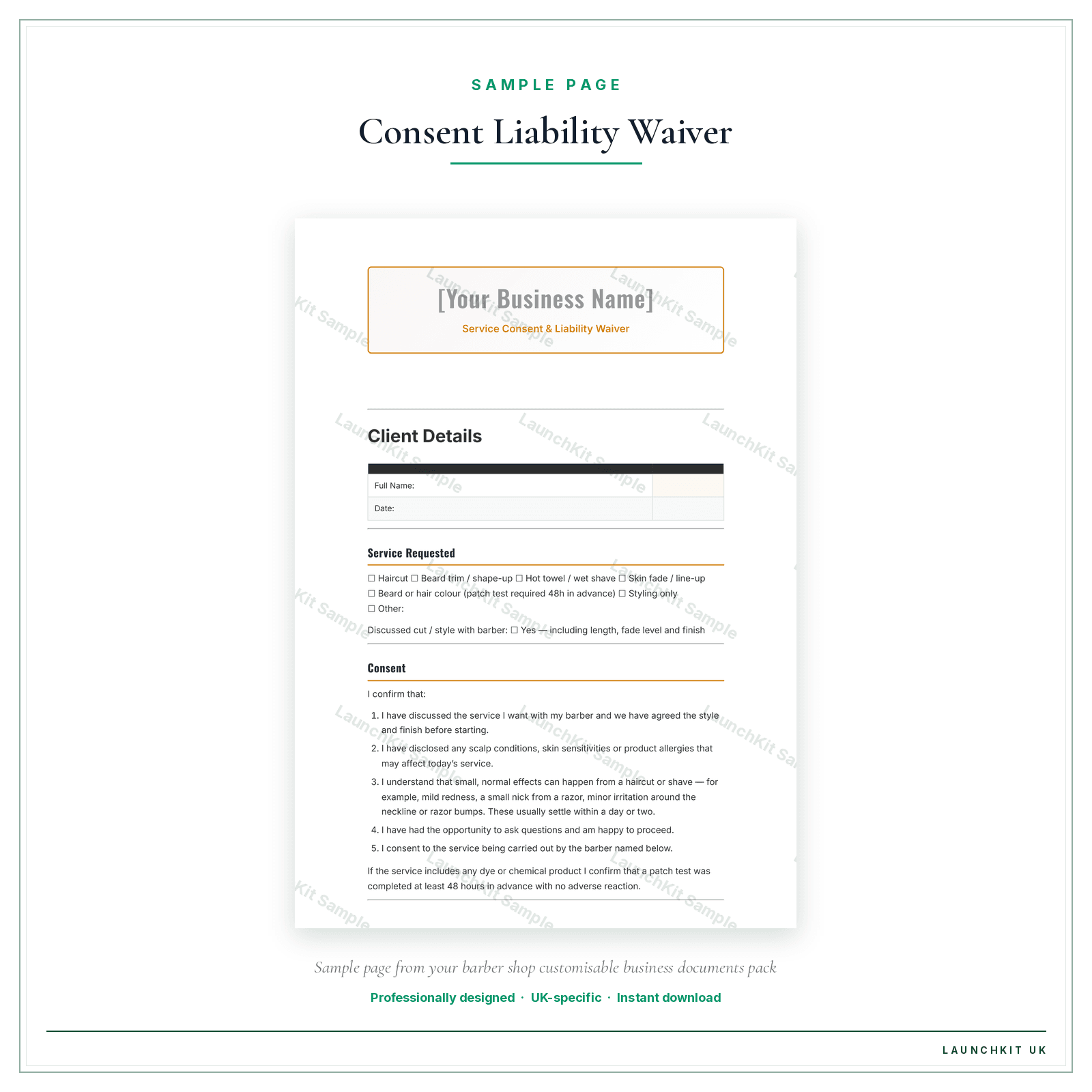 Consent & Liability Waiver sample page from the Barber Shop Business Documents — Customisable pack — watermarked LaunchKit Sample