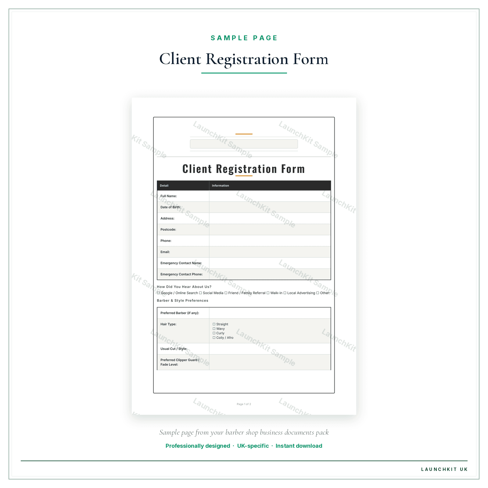 Client Registration Form sample page from the Barber Shop Business Documents — Essential pack — watermarked LaunchKit Sample