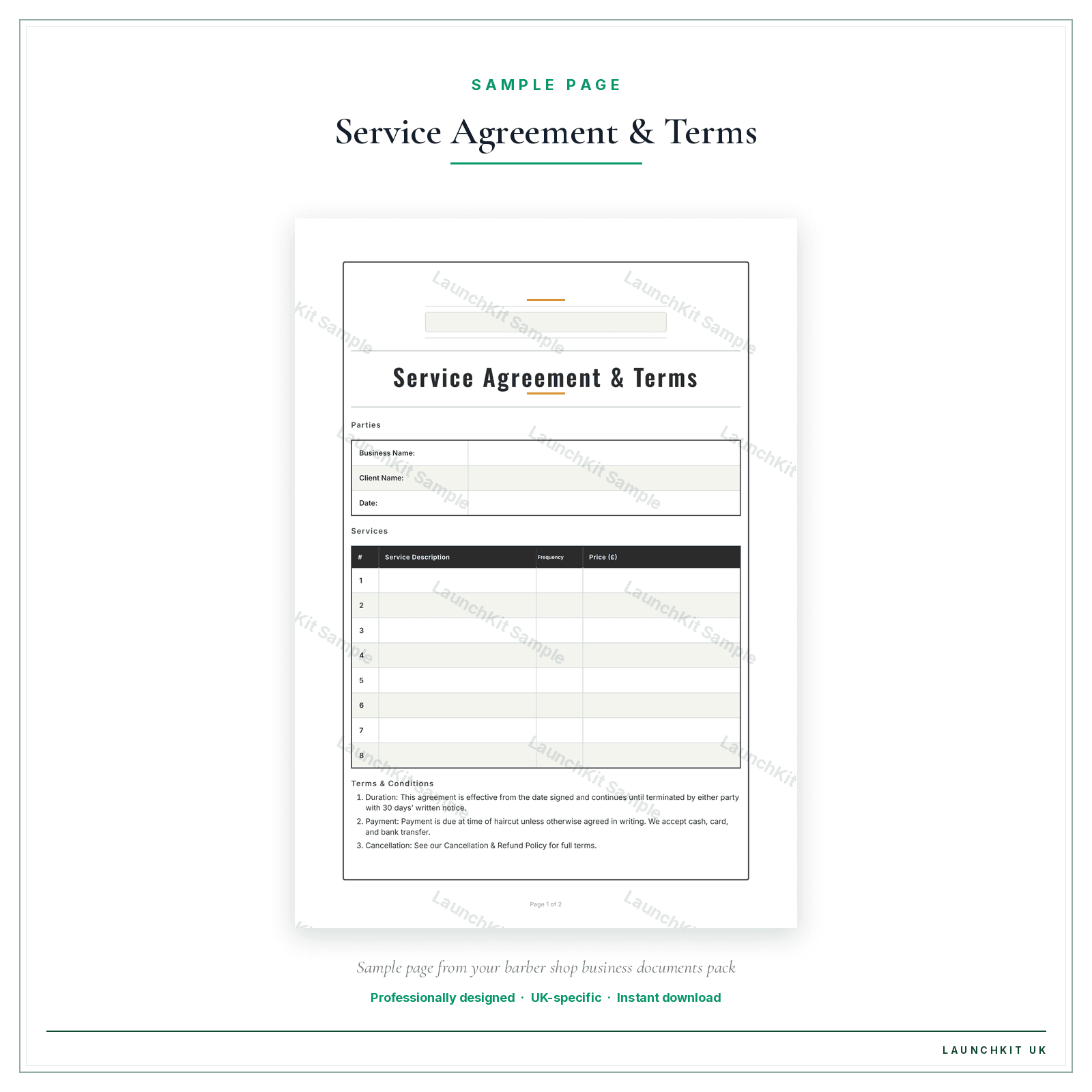 Service Agreement & Terms sample page from the Barber Shop Business Documents — Essential pack — watermarked LaunchKit Sample