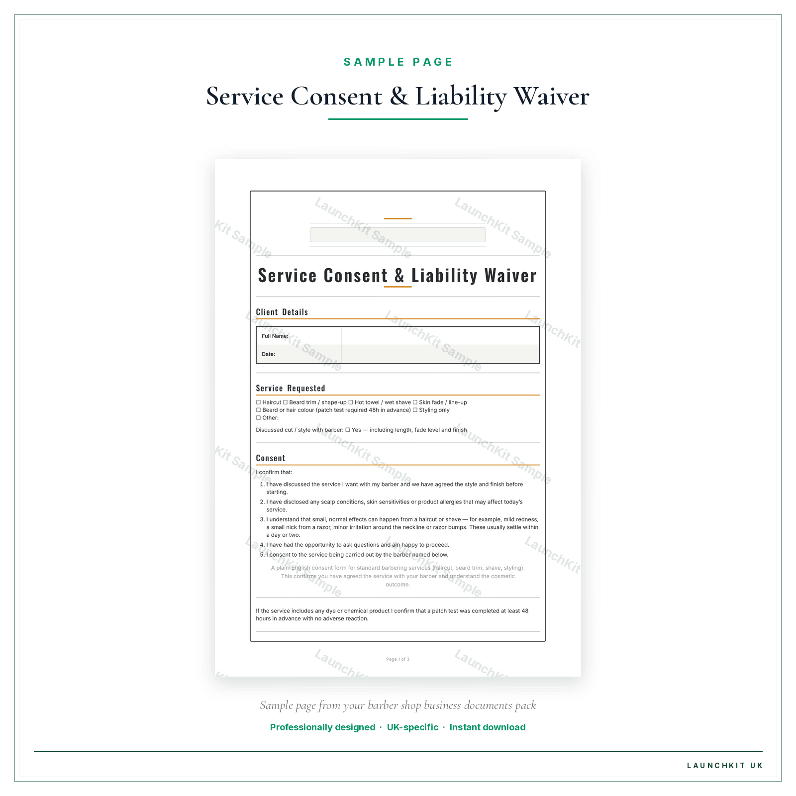Consent & Liability Waiver sample page from the Barber Shop Business Documents — Essential pack — watermarked LaunchKit Sample