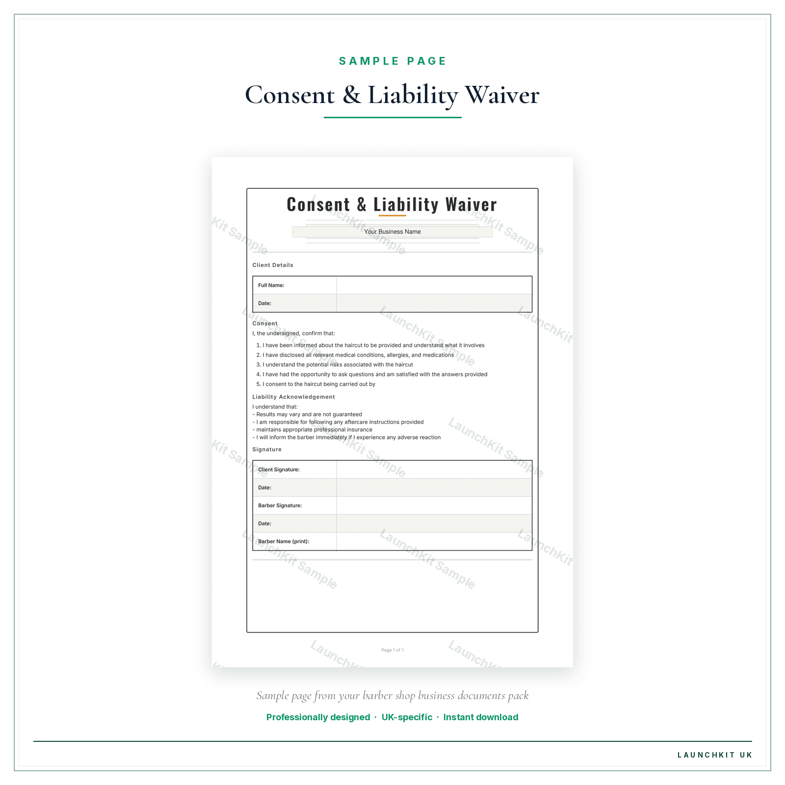 Consent & Liability Waiver sample page from the Barber Shop Business Documents — Standard pack — watermarked LaunchKit Sample